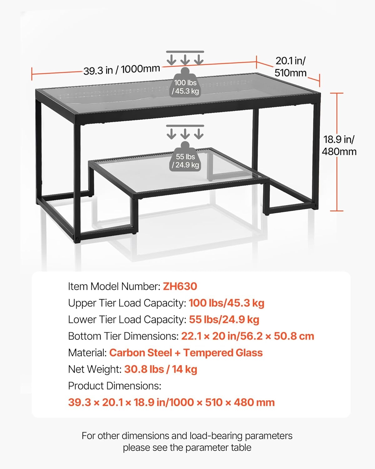 image:imageVEVOR Coffee Table Modern Tempered Glass Coffee Table with Lighting 2 Tiers Rectangle Glass Center Desk with Open Storage Minimalist Metal Accent End Desk for Living Room Office Easy Assembly393 Inch with Lights