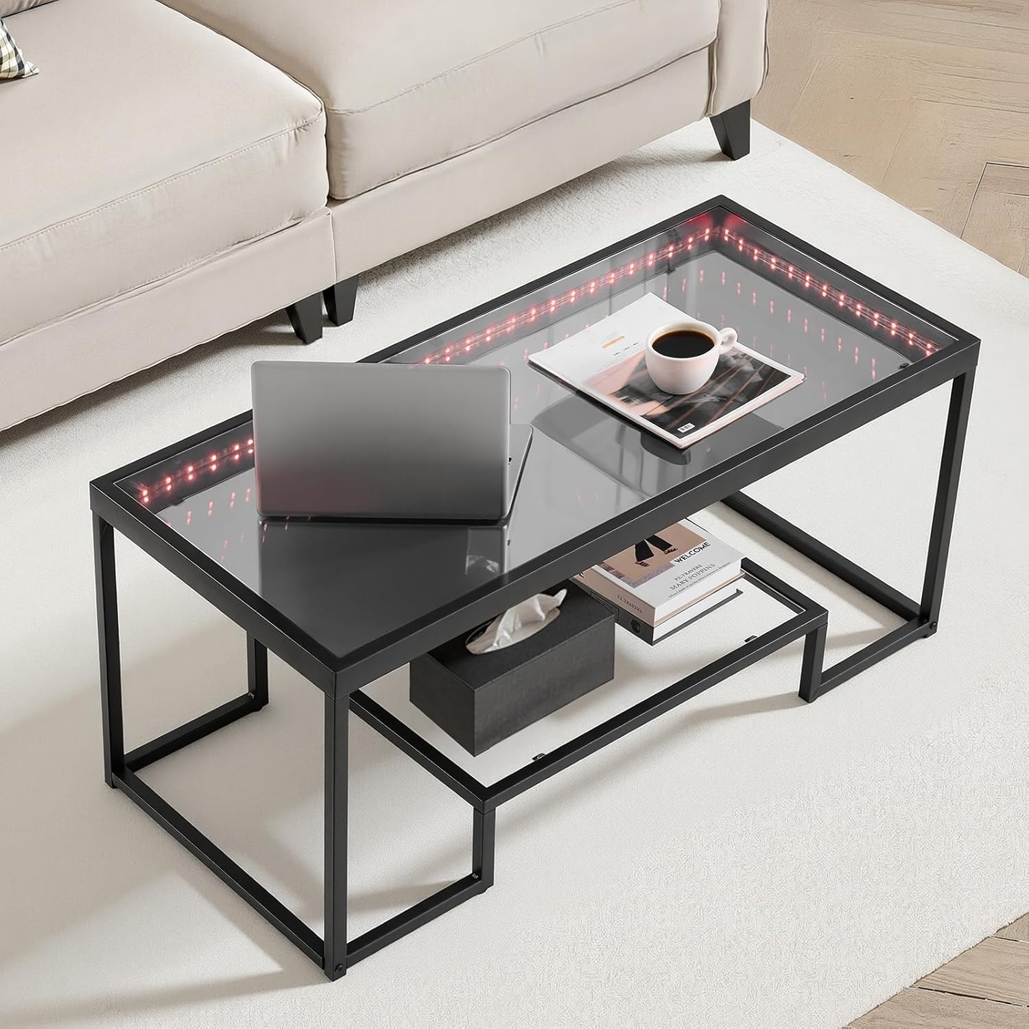 image:imageVEVOR Coffee Table Modern Tempered Glass Coffee Table with Lighting 2 Tiers Rectangle Glass Center Desk with Open Storage Minimalist Metal Accent End Desk for Living Room Office Easy Assembly393 Inch with Lights