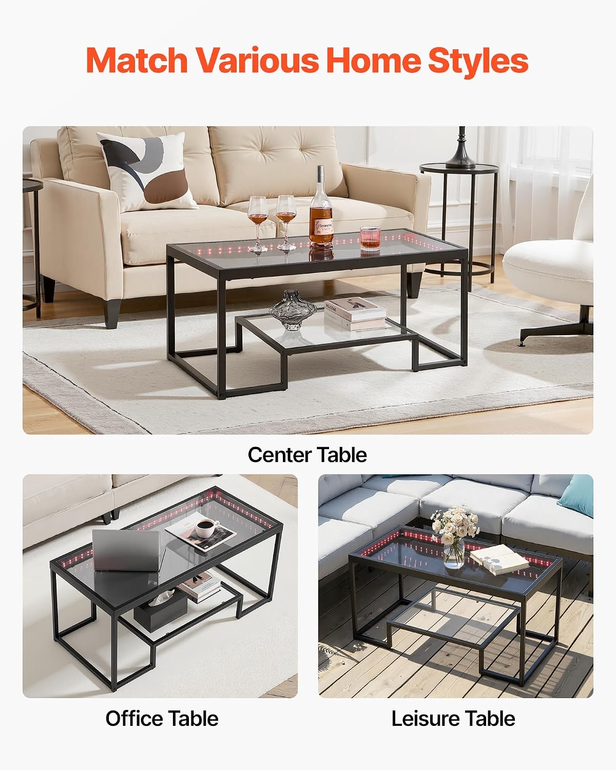 image:imageVEVOR Coffee Table Modern Tempered Glass Coffee Table with Lighting 2 Tiers Rectangle Glass Center Desk with Open Storage Minimalist Metal Accent End Desk for Living Room Office Easy Assembly393 Inch with Lights
