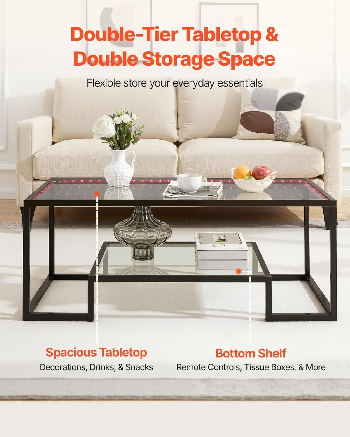 image:imageVEVOR Coffee Table Modern Tempered Glass Coffee Table with Lighting 2 Tiers Rectangle Glass Center Desk with Open Storage Minimalist Metal Accent End Desk for Living Room Office Easy Assembly393 Inch with Lights