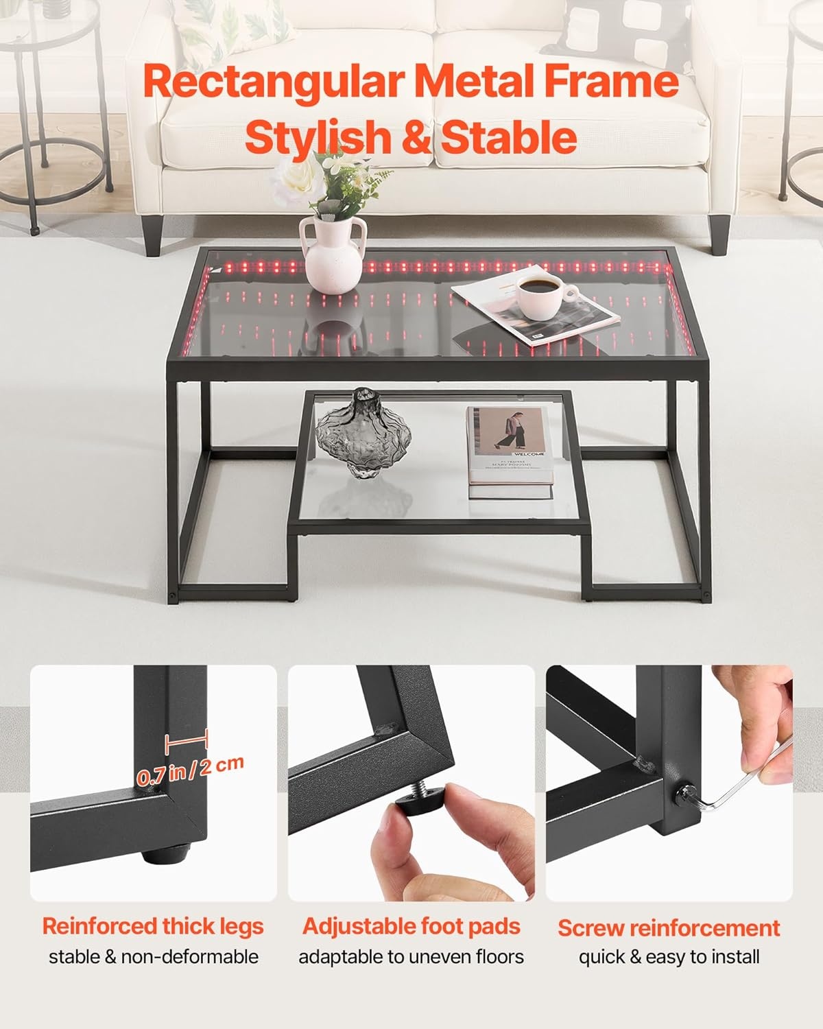 image:imageVEVOR Coffee Table Modern Tempered Glass Coffee Table with Lighting 2 Tiers Rectangle Glass Center Desk with Open Storage Minimalist Metal Accent End Desk for Living Room Office Easy Assembly393 Inch with Lights