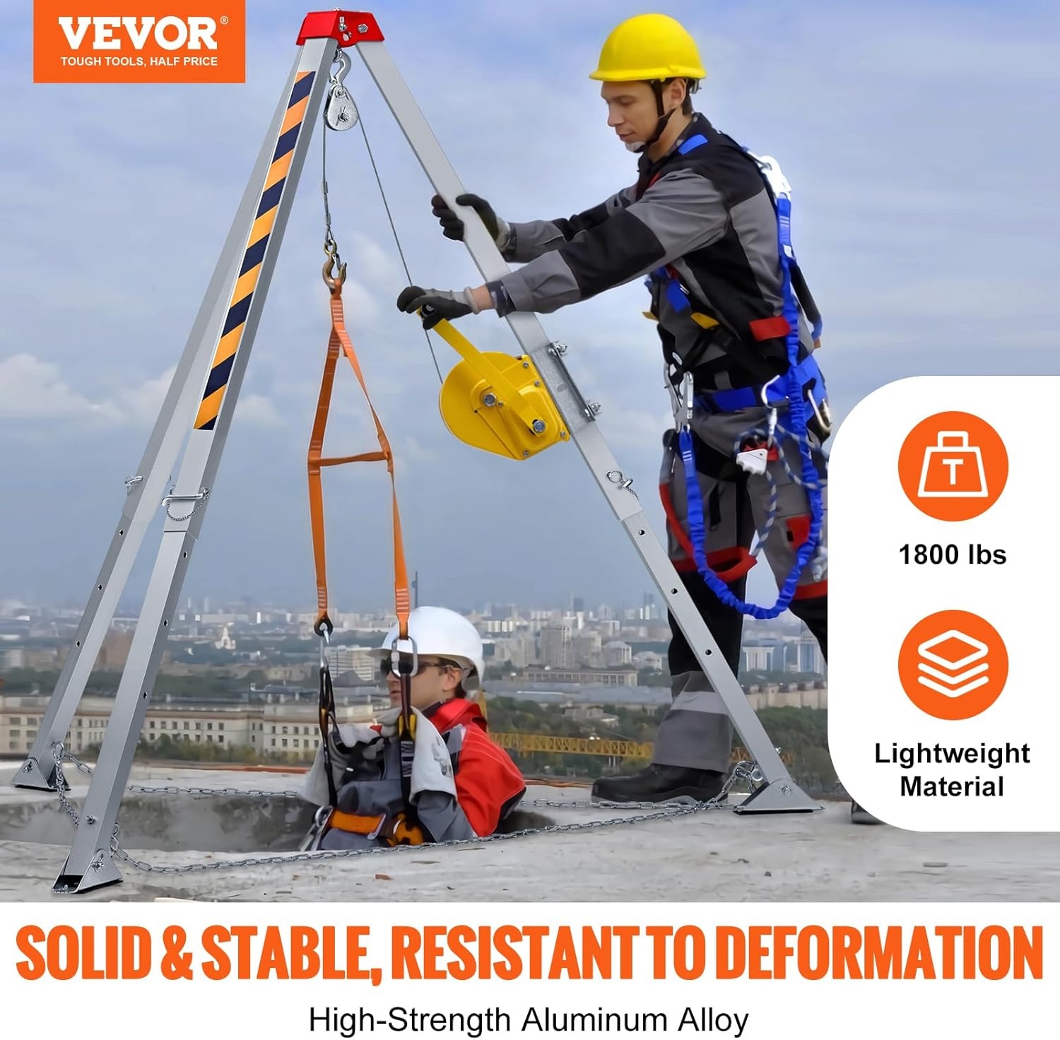 image:imageVEVOR Confined Space Tripod Kit Heavy Duty Rescue Tripod Lifting Hoist 1200 lbs Winch 41 ft Adjustable Legs 985 ft Cable Portable Kit 328 ft Fall Protection 440705 ft Working Height1800lbs 98ft Harness