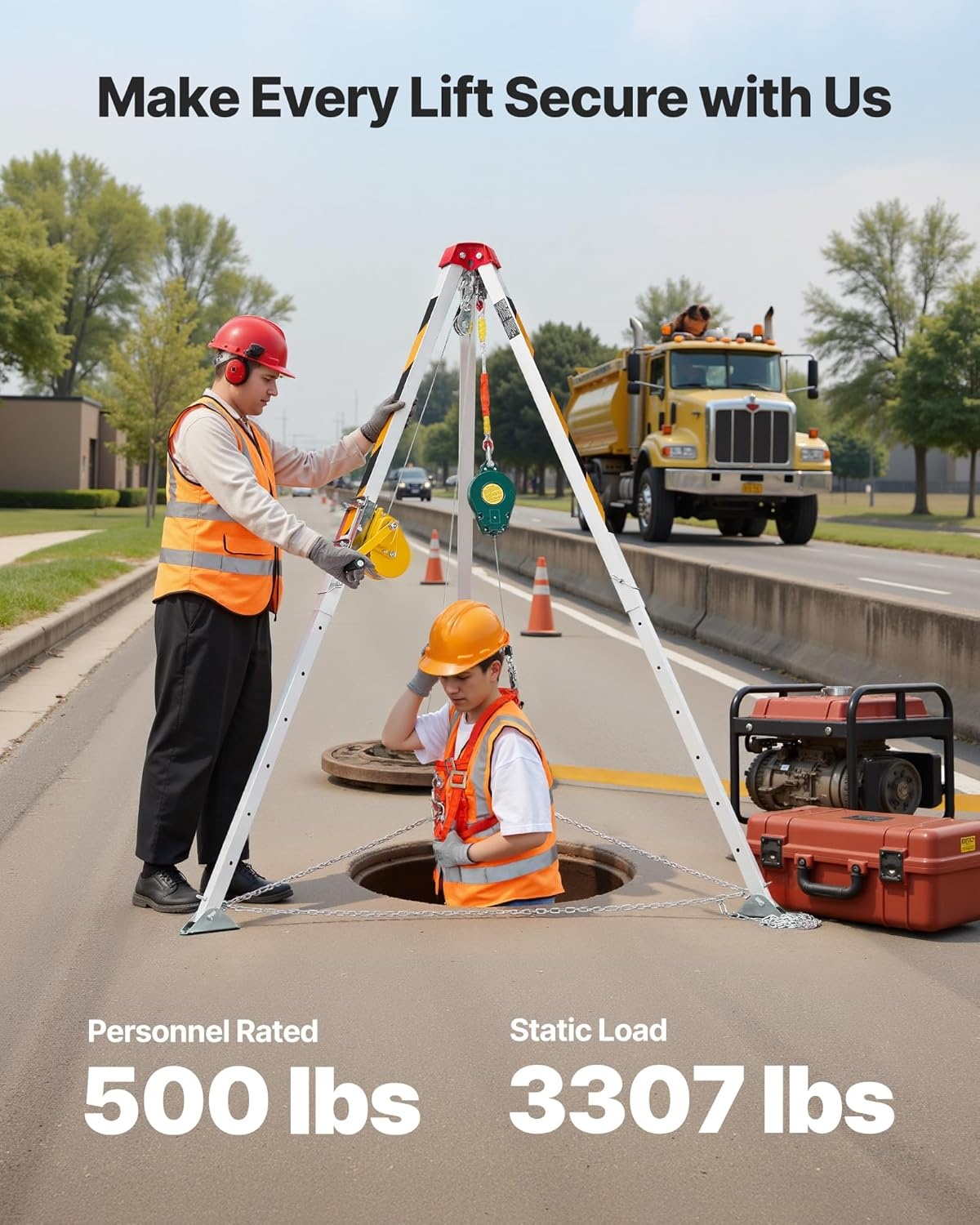 image:imageVEVOR Confined Space Tripod Kit Heavy Duty Rescue Tripod Lifting Hoist 1200 lbs Winch 41 ft Adjustable Legs 985 ft Cable Portable Kit 328 ft Fall Protection 440705 ft Working Height1200lbs 985ft