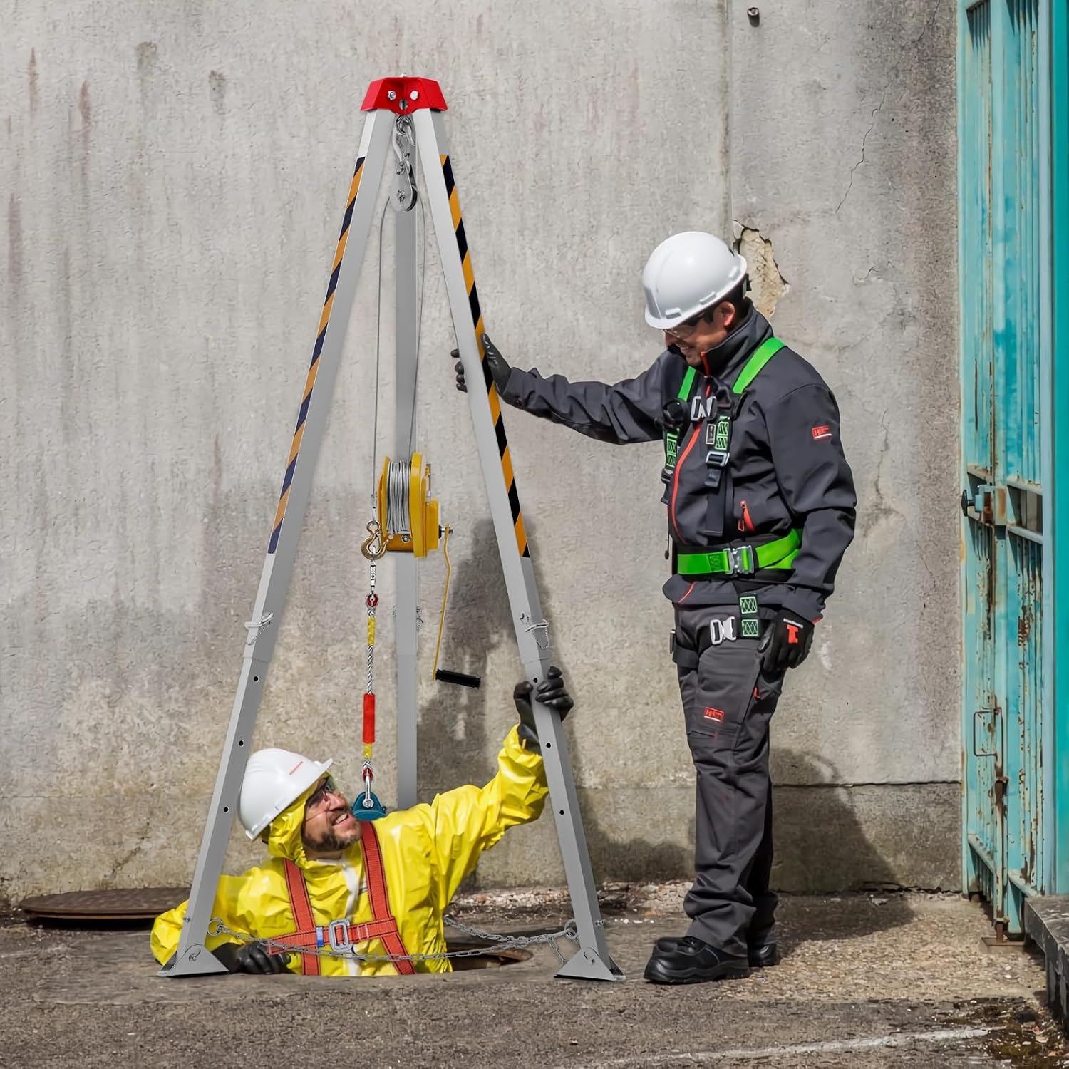 image:imageVEVOR Confined Space Tripod Kit Heavy Duty Rescue Tripod Lifting Hoist 1200 lbs Winch 41 ft Adjustable Legs 985 ft Cable Portable Kit 328 ft Fall Protection 440705 ft Working Height1800lbs 98ft Harness