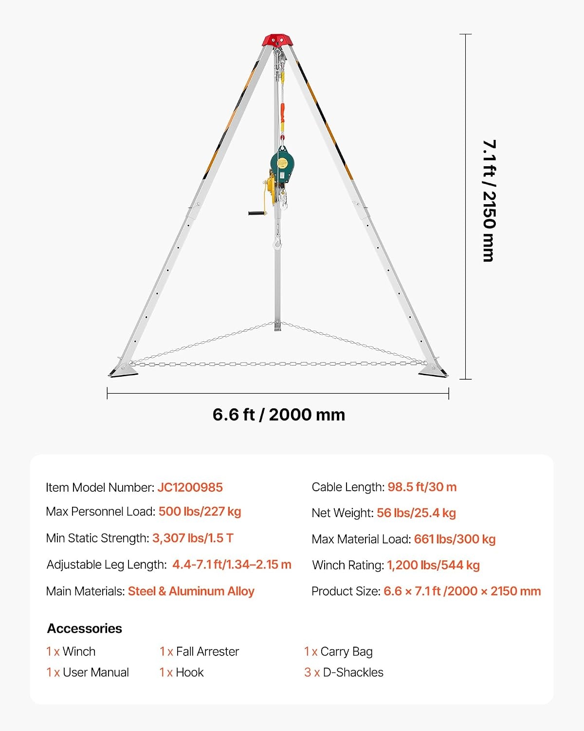 image:imageVEVOR Confined Space Tripod Kit Heavy Duty Rescue Tripod Lifting Hoist 1200 lbs Winch 41 ft Adjustable Legs 985 ft Cable Portable Kit 328 ft Fall Protection 440705 ft Working Height1200lbs 985ft