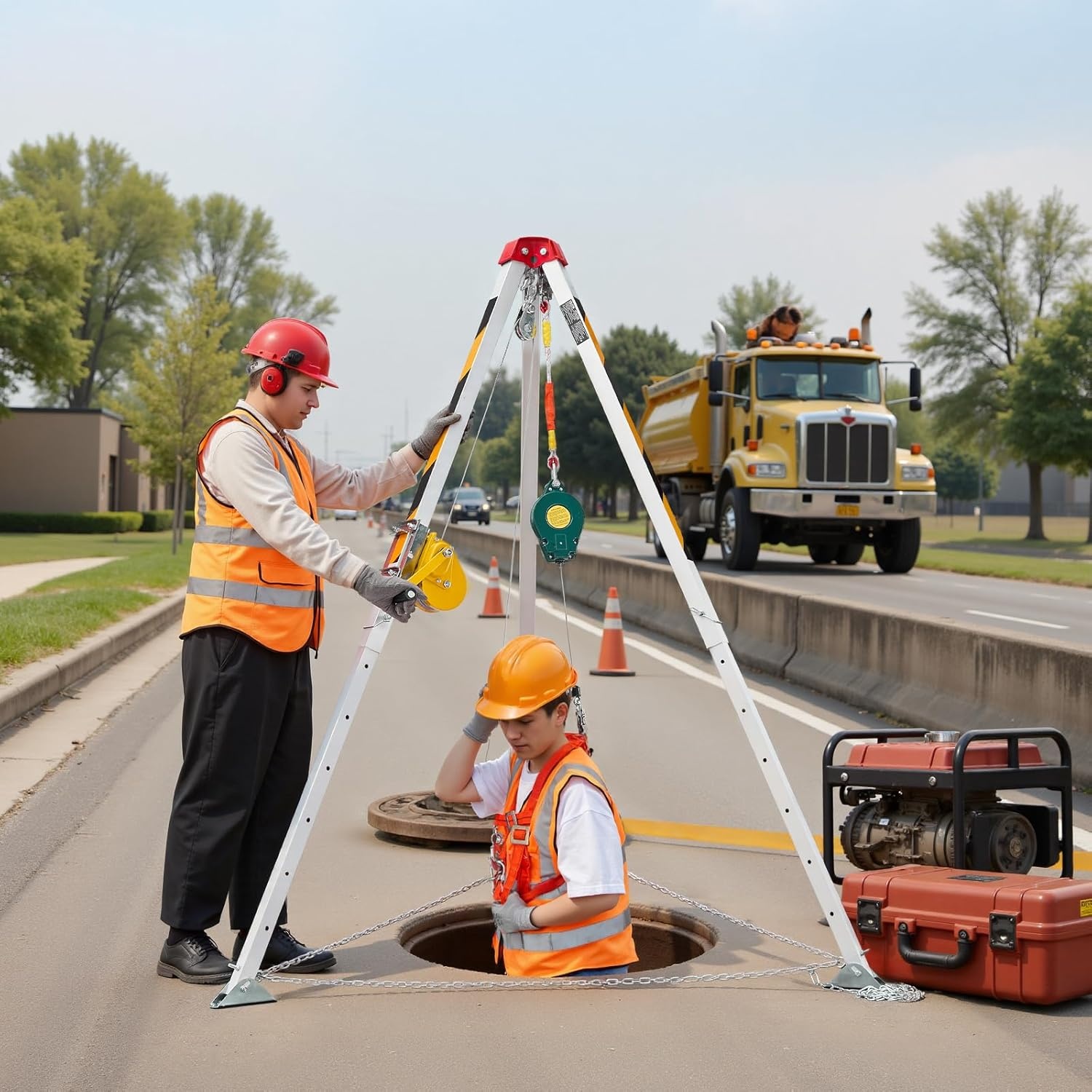 image:imageVEVOR Confined Space Tripod Kit Heavy Duty Rescue Tripod Lifting Hoist 1200 lbs Winch 41 ft Adjustable Legs 985 ft Cable Portable Kit 328 ft Fall Protection 440705 ft Working Height1200lbs 985ft