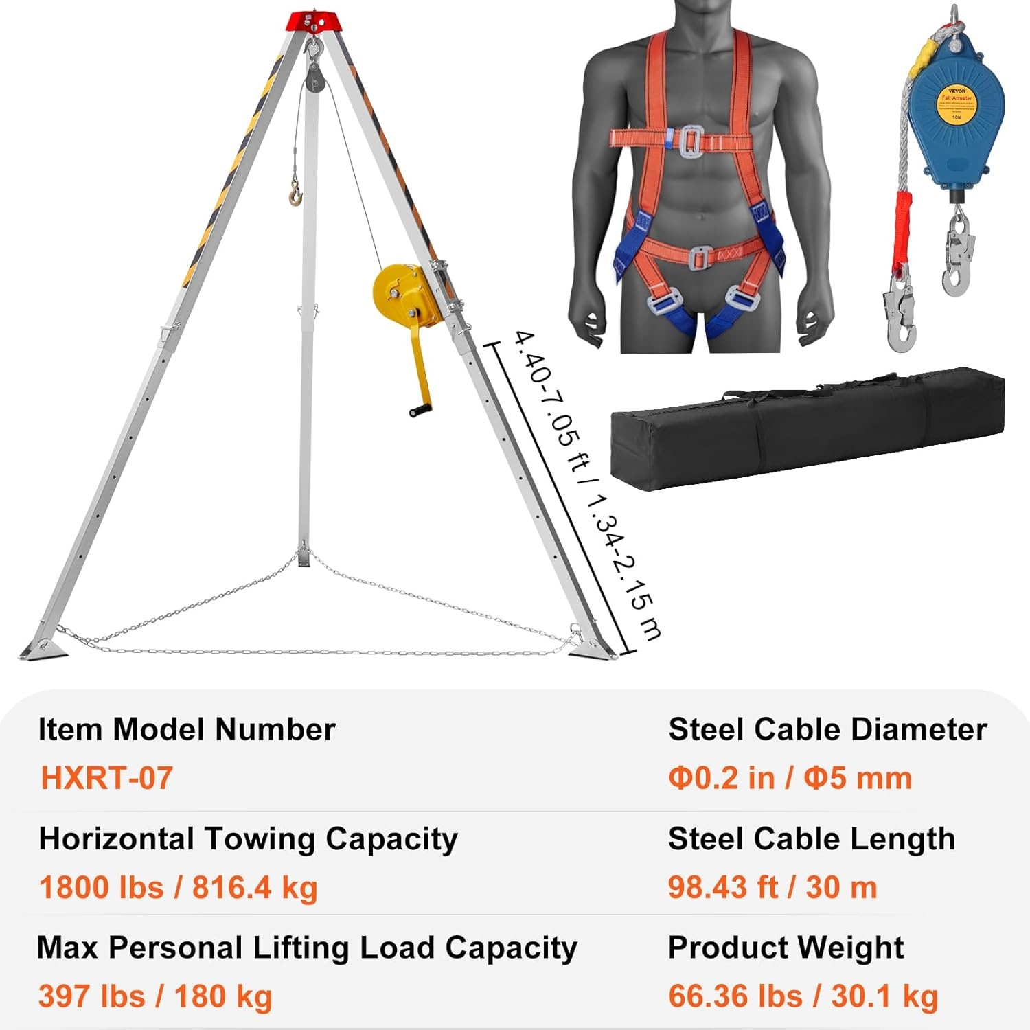 image:imageVEVOR Confined Space Tripod Kit Heavy Duty Rescue Tripod Lifting Hoist 1200 lbs Winch 41 ft Adjustable Legs 985 ft Cable Portable Kit 328 ft Fall Protection 440705 ft Working Height1800lbs 98ft Harness