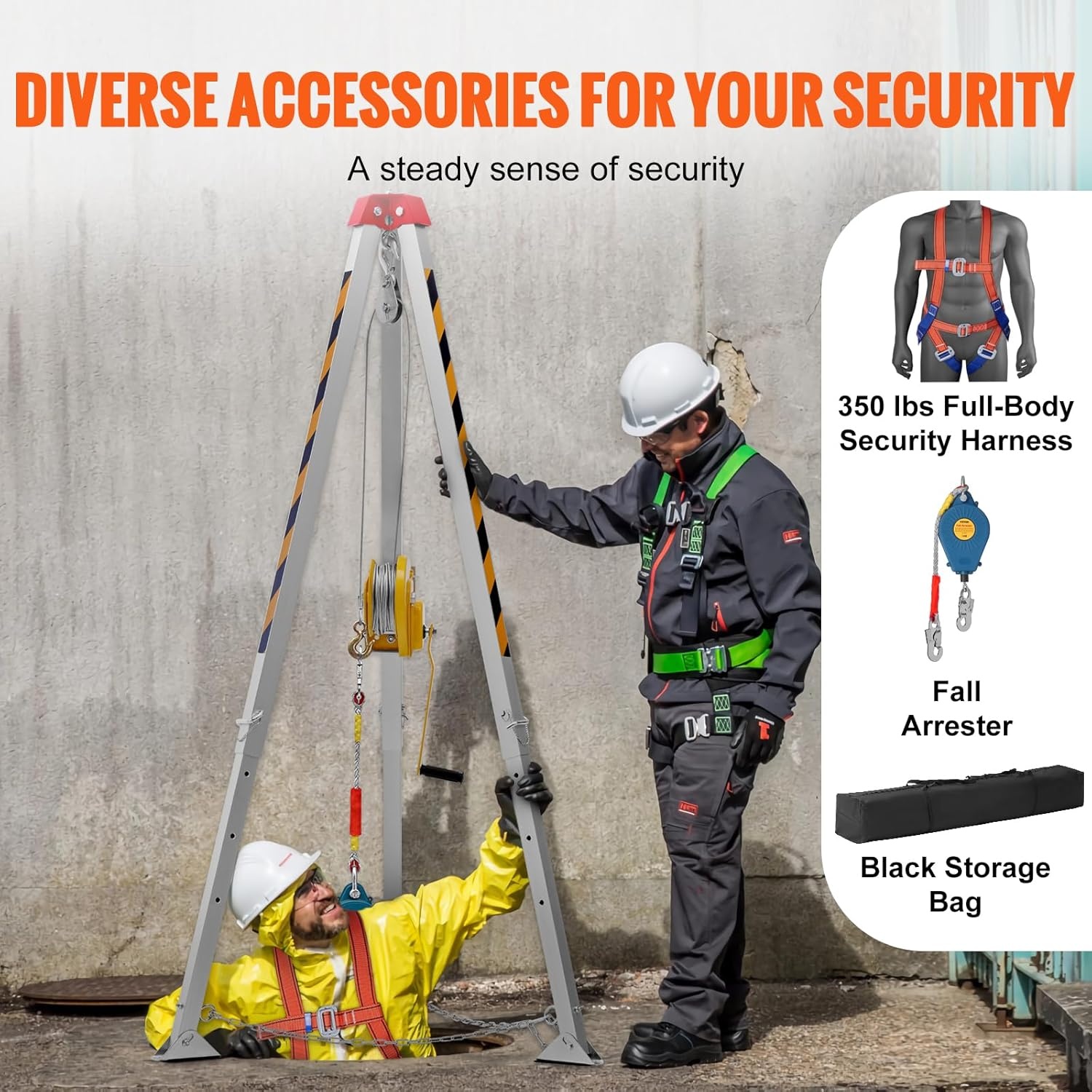 image:imageVEVOR Confined Space Tripod Kit Heavy Duty Rescue Tripod Lifting Hoist 1200 lbs Winch 41 ft Adjustable Legs 985 ft Cable Portable Kit 328 ft Fall Protection 440705 ft Working Height1800lbs 98ft Harness