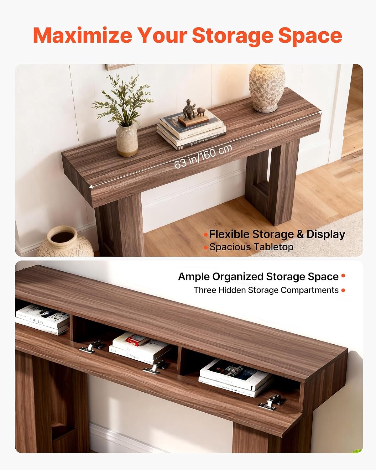image:imageVEVOR Console Table 63 Inch Entryway Table with Storage Wooden Rectangle Hallway Table Narrow Sofa Table Behind The Couch Console Tables for Entryway Hallway Living Room NaturalBrown