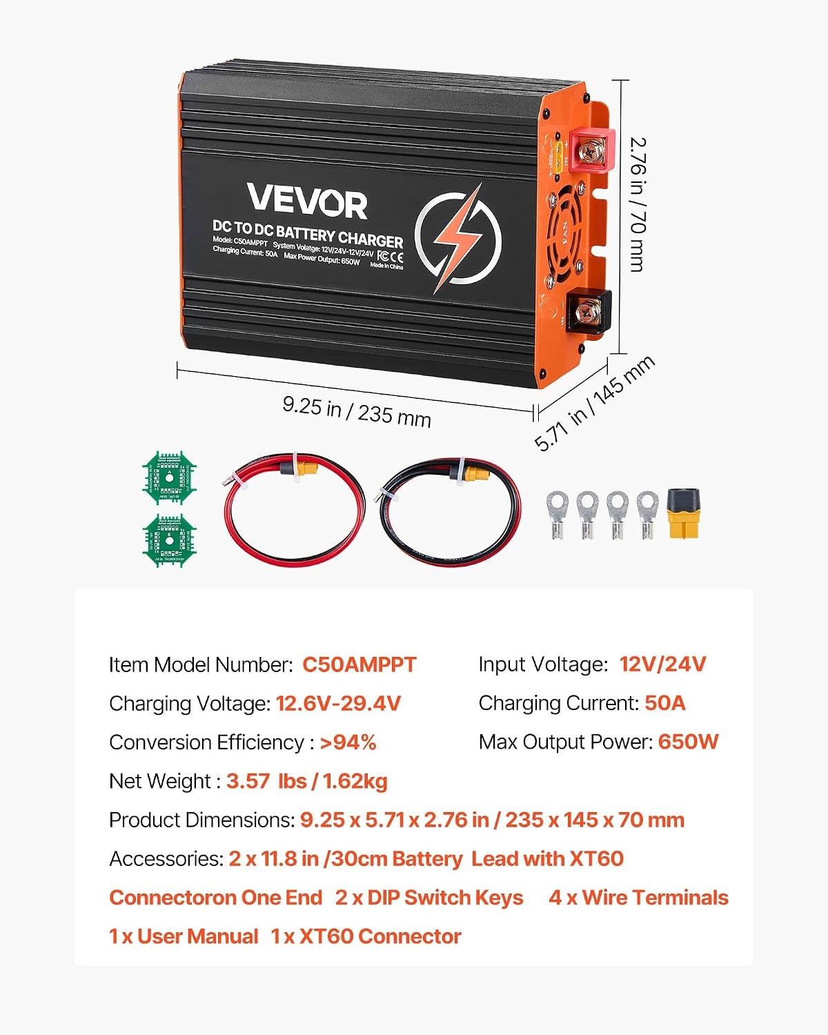 image:imageVEVOR DC to DC Charger with MPPT 650W 50A OnBoard Battery Charger Solar PanelAlternator Dual Input Smart MultiStage Charging for LiFePO4 LeadAcid Batteries 12V24V12V24V for RV Home Backup925 x 571 x 276 in