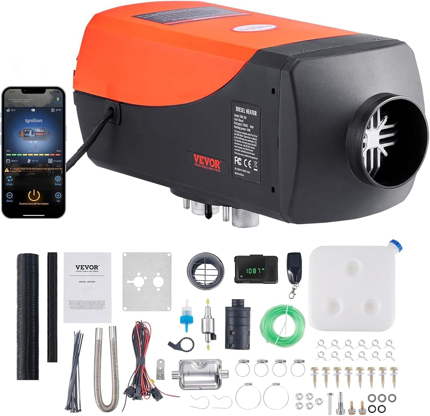 image:imageVEVOR Diesel Air Heater 12V 2KW Integrated Diesel Heater with Remote and LCD Display 10L Tank Compact Diesel Heating Solution Quick Warmup for RVs Trailers Campers Boats and Indoor UseOrange