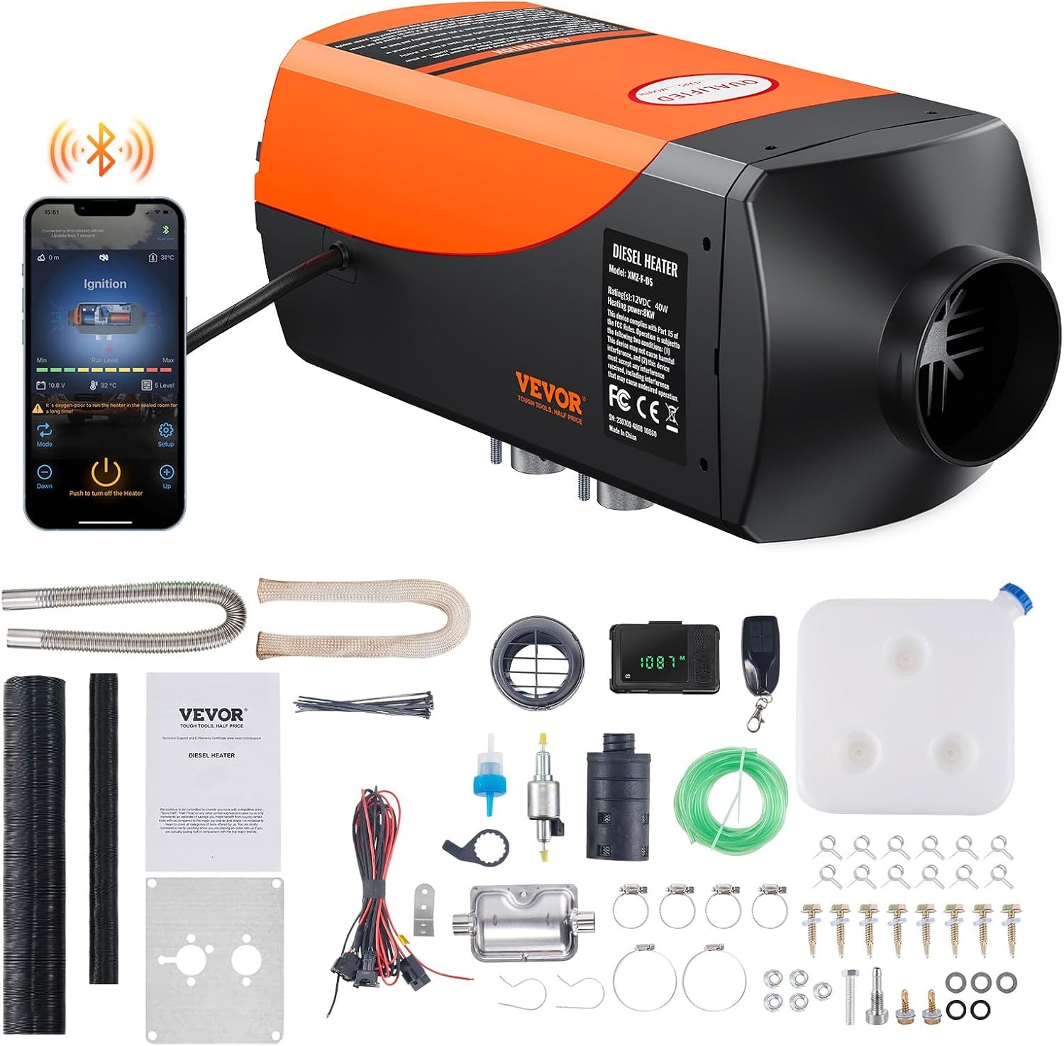 image:imageVEVOR Diesel Air Heater 12V 2KW Integrated Diesel Heater with Remote and LCD Display 10L Tank Compact Diesel Heating Solution Quick Warmup for RVs Trailers Campers Boats and Indoor UseOrange