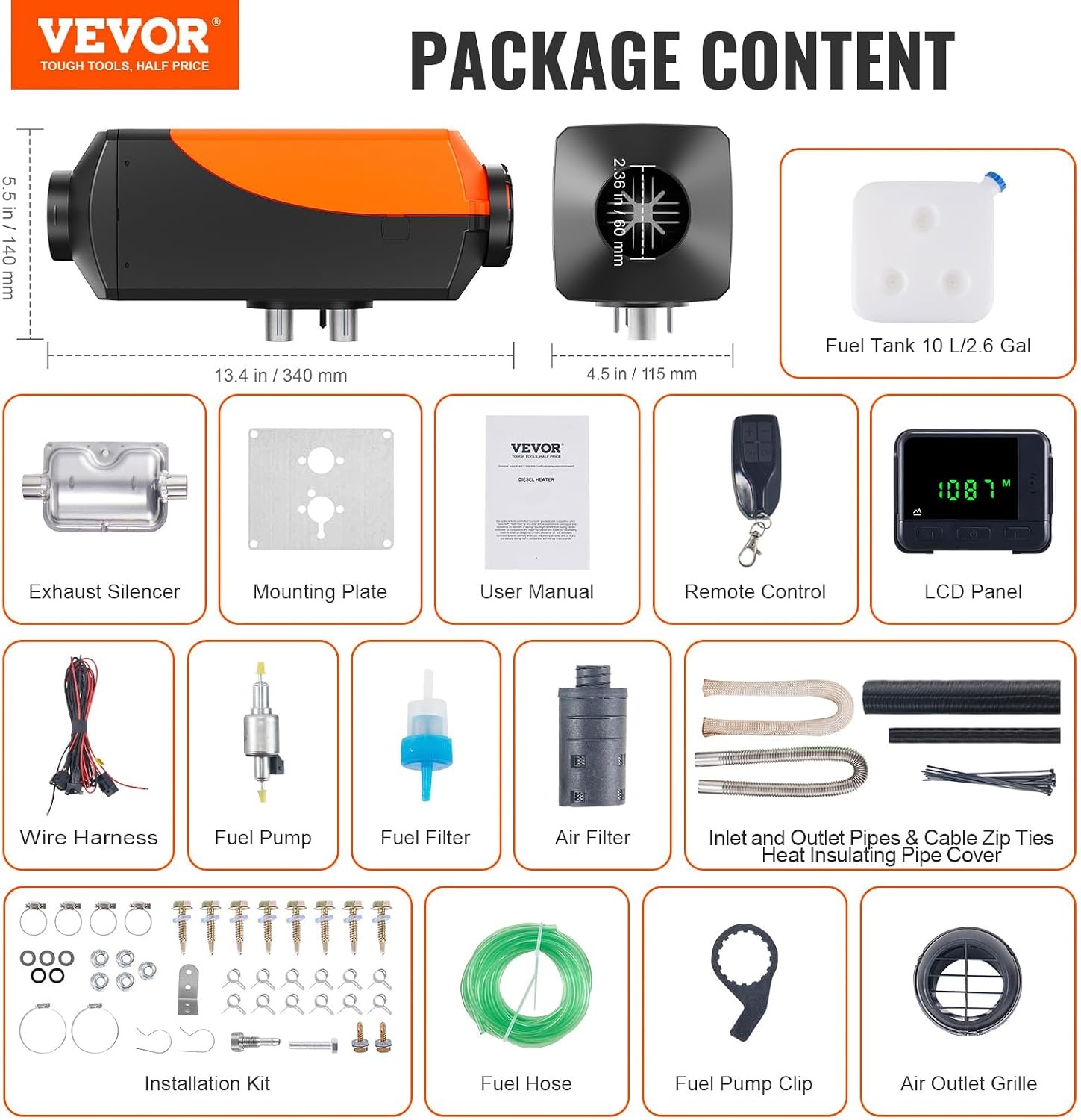 image:imageVEVOR Diesel Air Heater 12V 2KW Integrated Diesel Heater with Remote and LCD Display 10L Tank Compact Diesel Heating Solution Quick Warmup for RVs Trailers Campers Boats and Indoor UseOrange