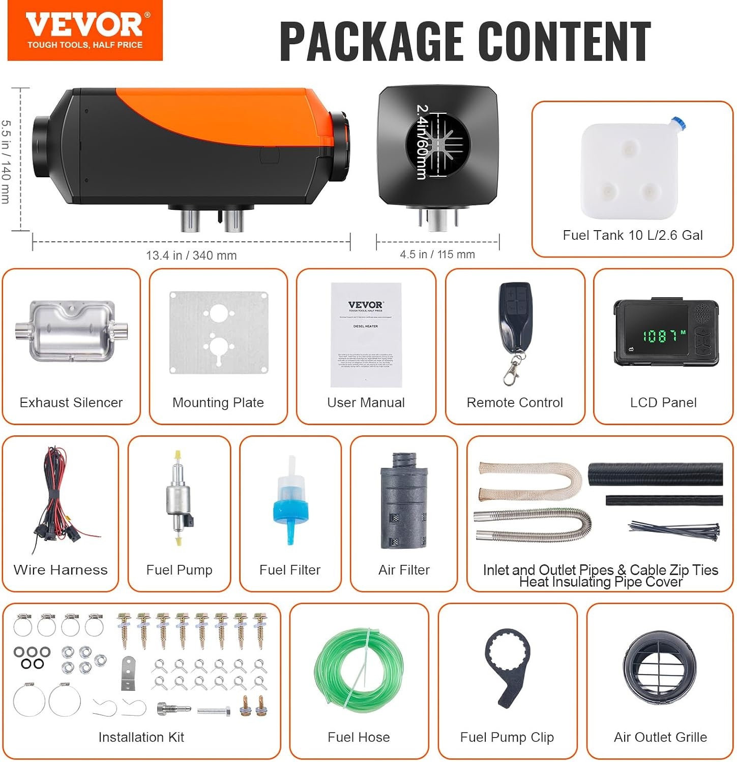 image:imageVEVOR Diesel Air Heater 12V 2KW Integrated Diesel Heater with Remote and LCD Display 10L Tank Compact Diesel Heating Solution Quick Warmup for RVs Trailers Campers Boats and Indoor UseOrange