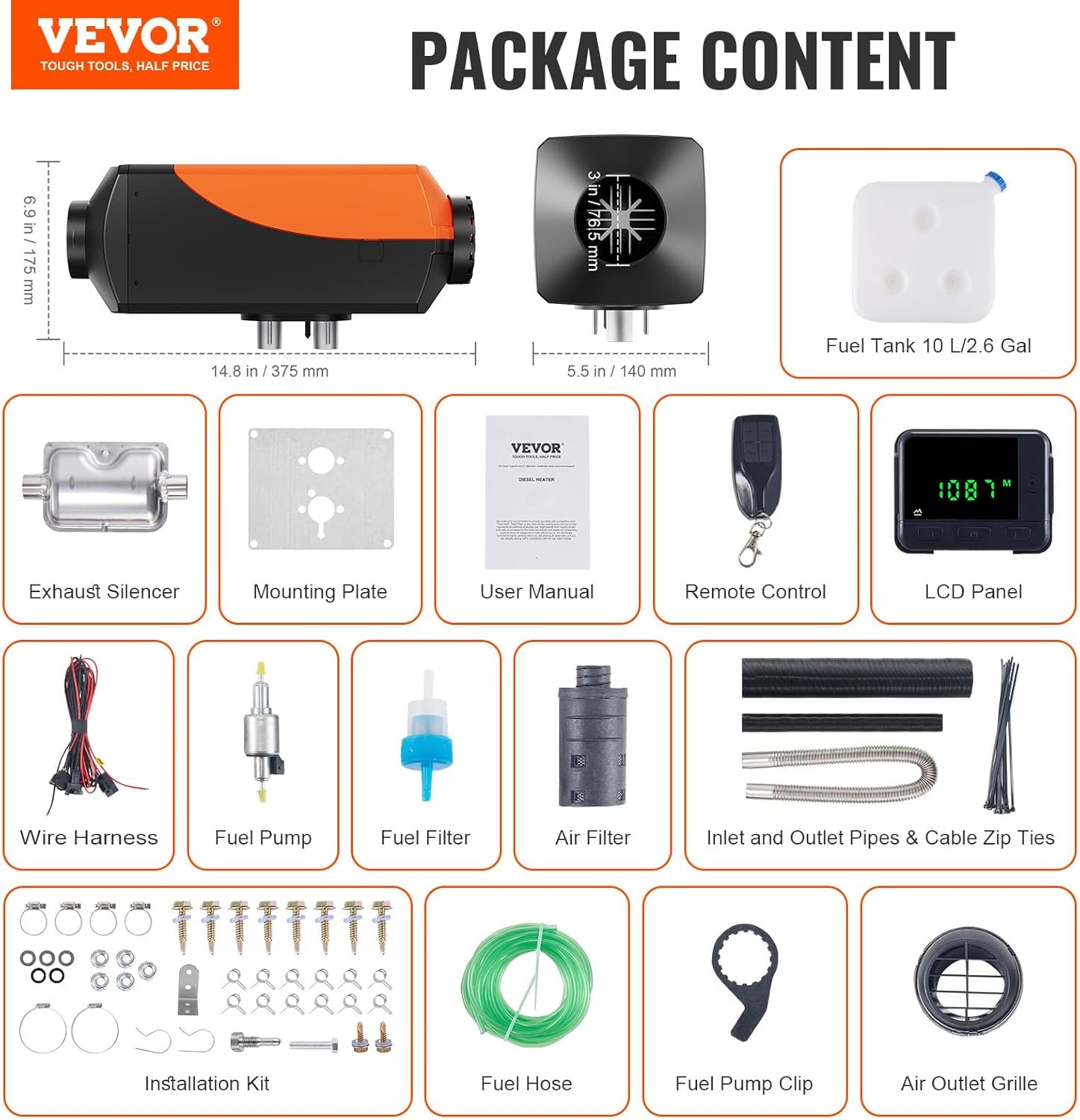 image:imageVEVOR Diesel Air Heater 12V 2KW Integrated Diesel Heater with Remote and LCD Display 10L Tank Compact Diesel Heating Solution Quick Warmup for RVs Trailers Campers Boats and Indoor UseOrange