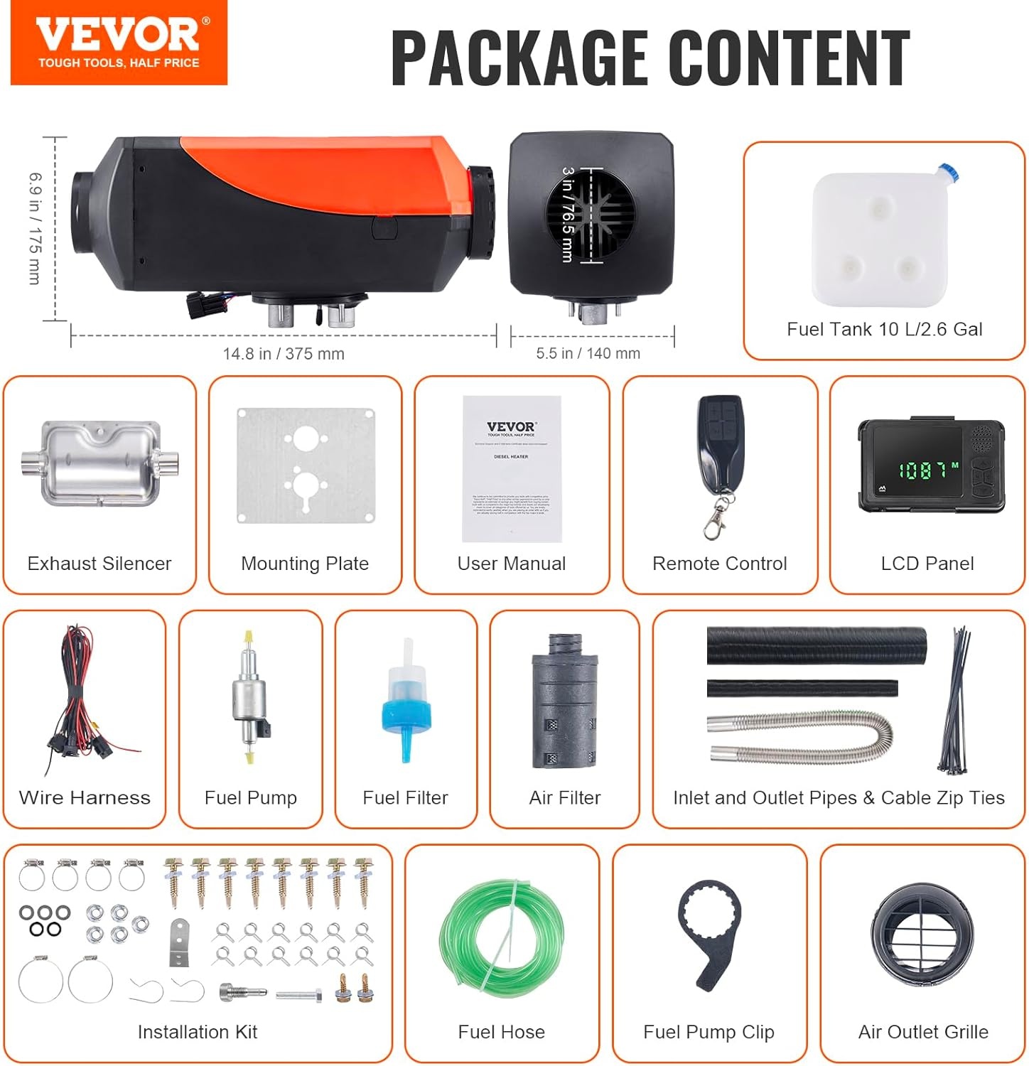 image:imageVEVOR Diesel Air Heater 12V 2KW Integrated Diesel Heater with Remote and LCD Display 10L Tank Compact Diesel Heating Solution Quick Warmup for RVs Trailers Campers Boats and Indoor UseOrange