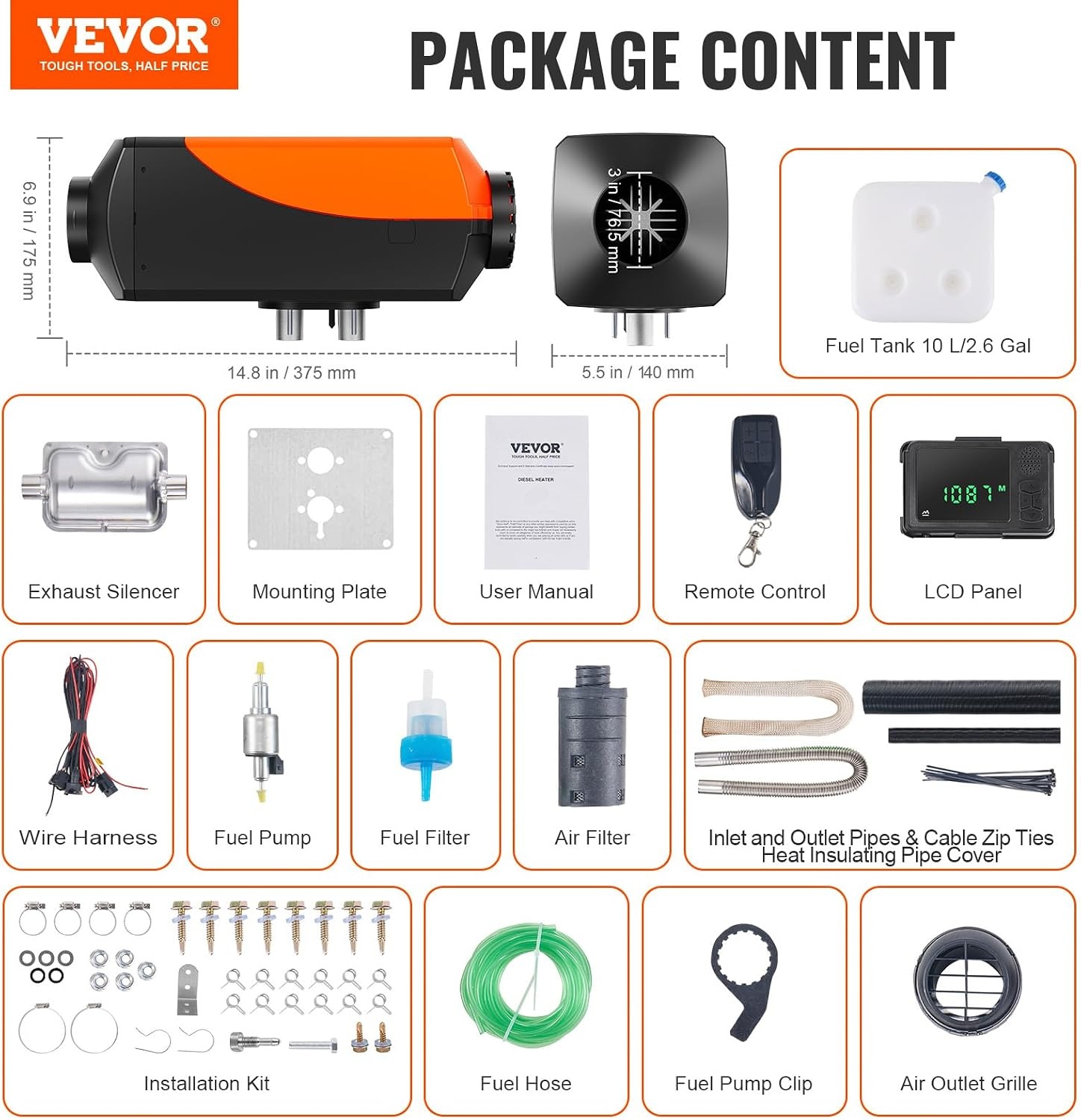 image:imageVEVOR Diesel Air Heater 12V 2KW Integrated Diesel Heater with Remote and LCD Display 10L Tank Compact Diesel Heating Solution Quick Warmup for RVs Trailers Campers Boats and Indoor UseOrange