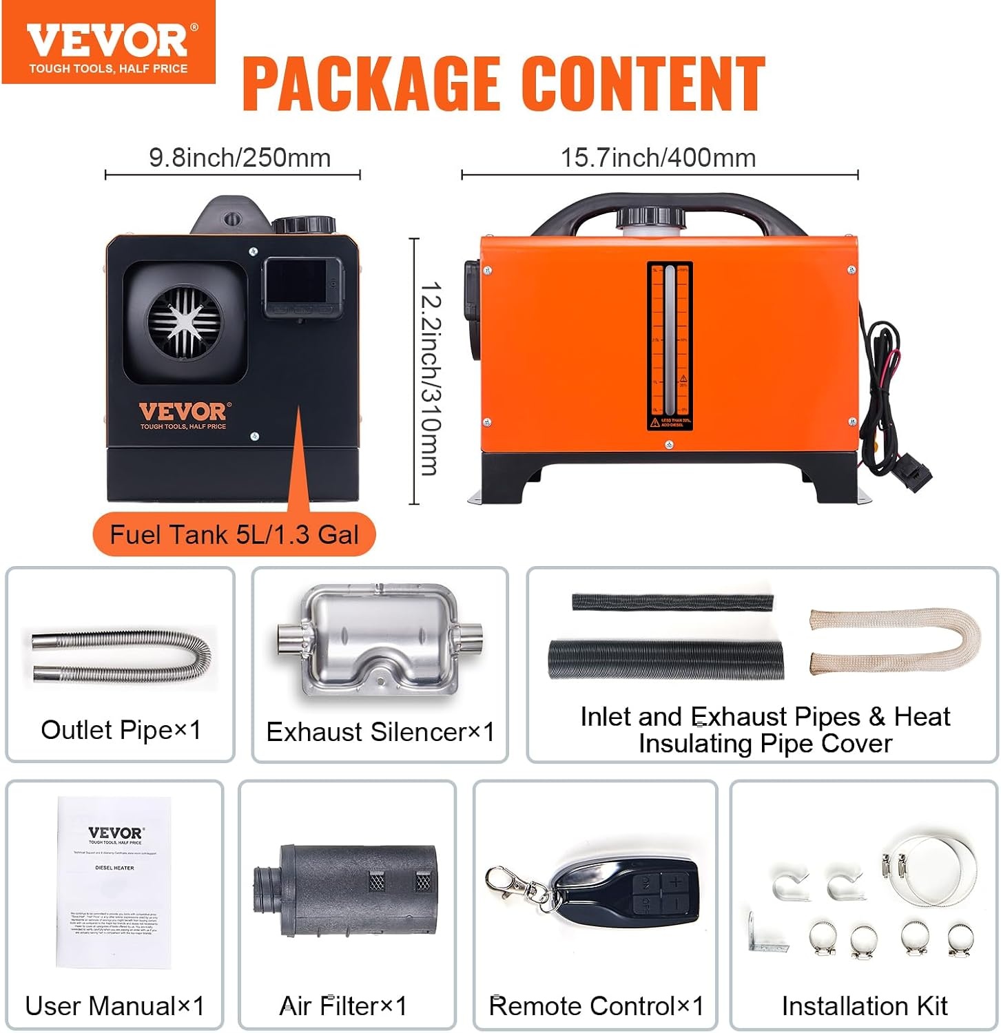 image:imageVEVOR Diesel Heater 12V Allinone Diesel Air Heater with Remote Control and LCD Display 5L Fuel Tank Fast Heating Portable Diesel Parking Heater for RV Truck 5KW Basic OrangeOrange