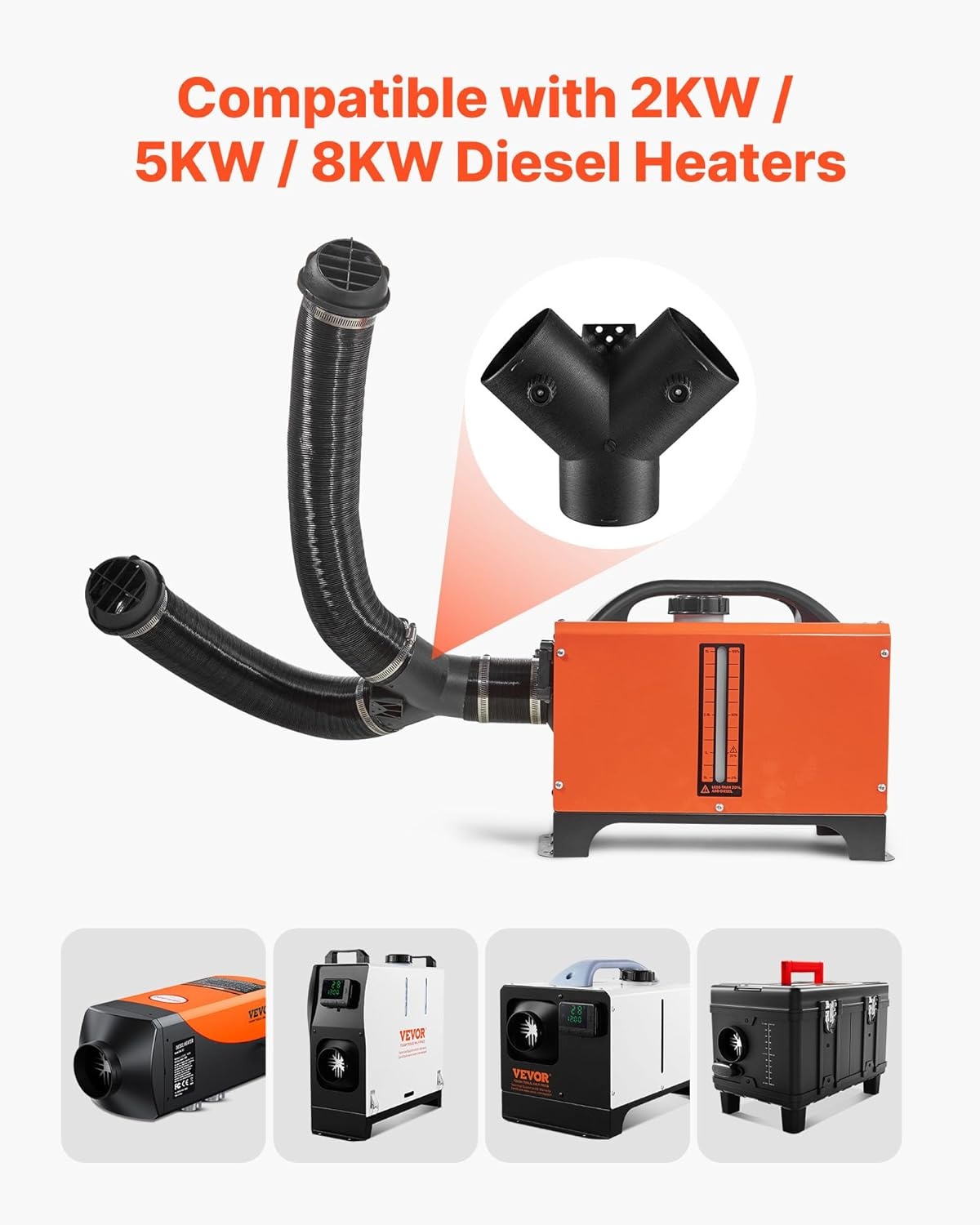 image:imageVEVOR Diesel Heater Pipe Duct Vent Kit 3inch Heater Pipe Warm Air Outlet Vent Set with YShaped Connector amp Air Duct Clamps Parking Heaters Air Ducts Vent Kit for 2KW 5KW 8KW Diesel Heaters Black