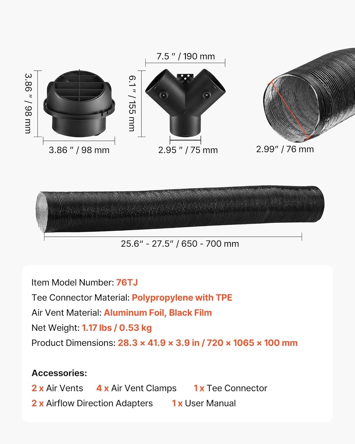 image:imageVEVOR Diesel Heater Pipe Duct Vent Kit 3inch Heater Pipe Warm Air Outlet Vent Set with YShaped Connector amp Air Duct Clamps Parking Heaters Air Ducts Vent Kit for 2KW 5KW 8KW Diesel Heaters Black