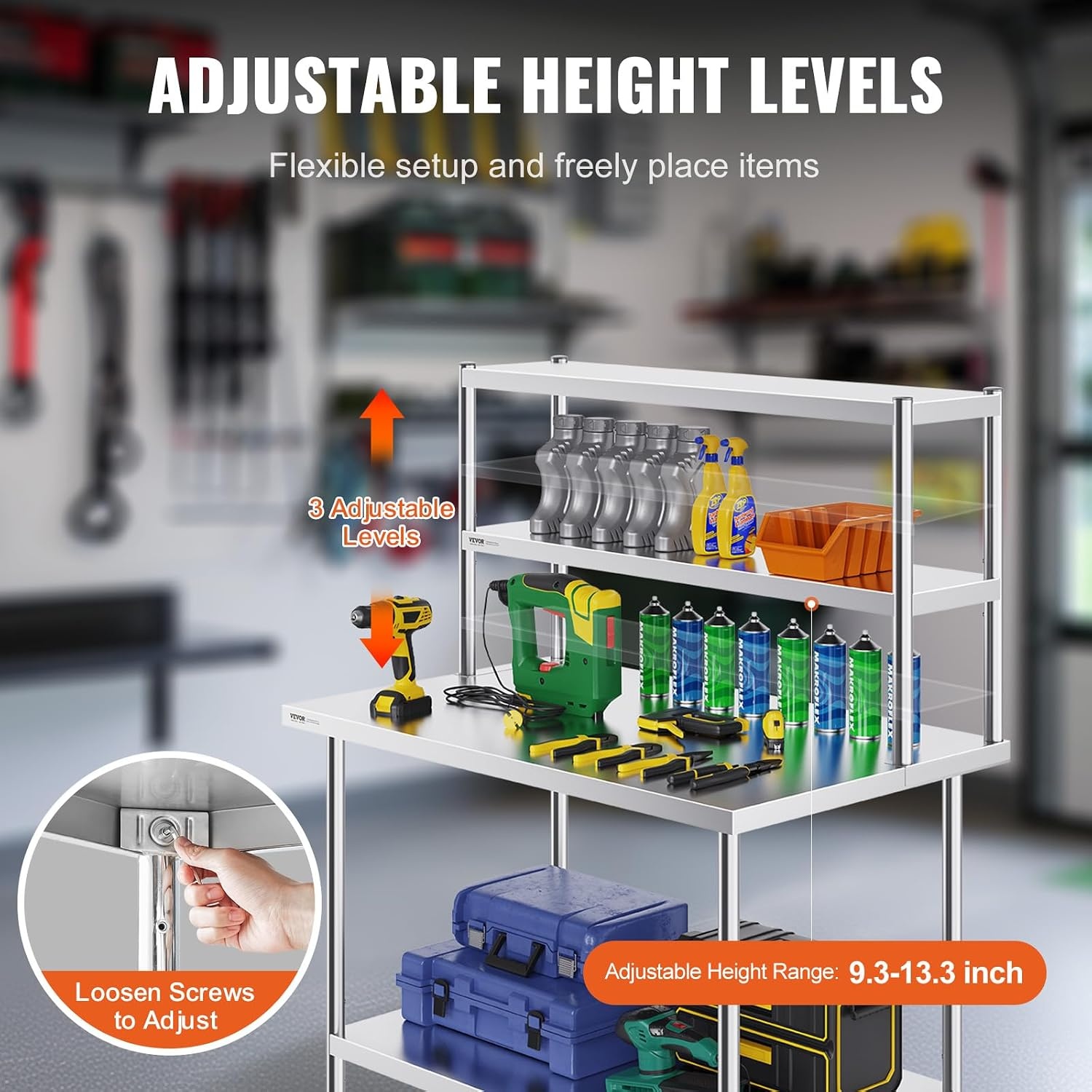 image:imageVEVOR Double Shelf Stainless Steel Two Tier Shelf 305 x 122 x 60 cm Height Adjustable Height Prep and Work Table Accessory for Kitchen Restaurant Workshop12 x 48 x 24 inch