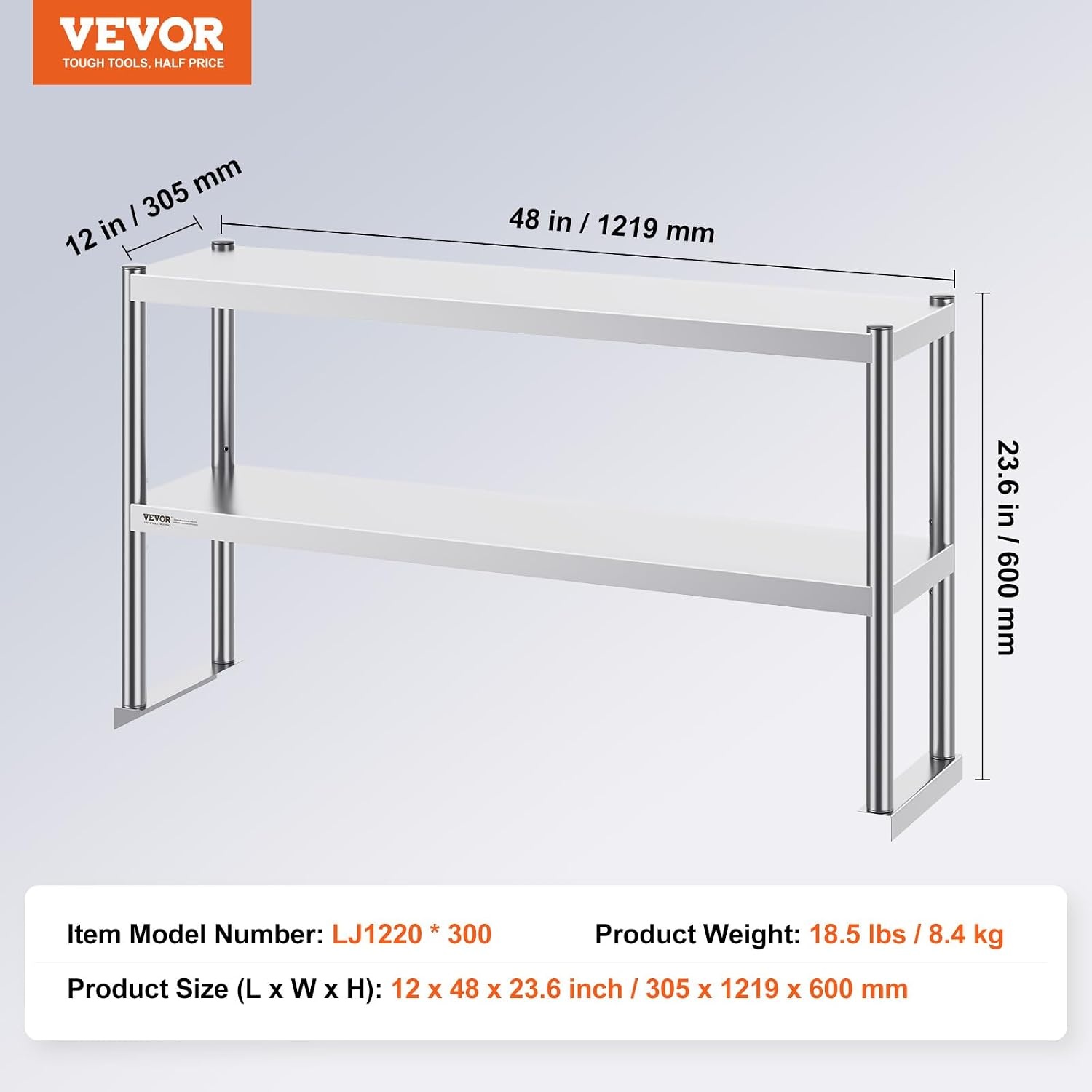 image:imageVEVOR Double Shelf Stainless Steel Two Tier Shelf 305 x 122 x 60 cm Height Adjustable Height Prep and Work Table Accessory for Kitchen Restaurant Workshop12 x 48 x 24 inch