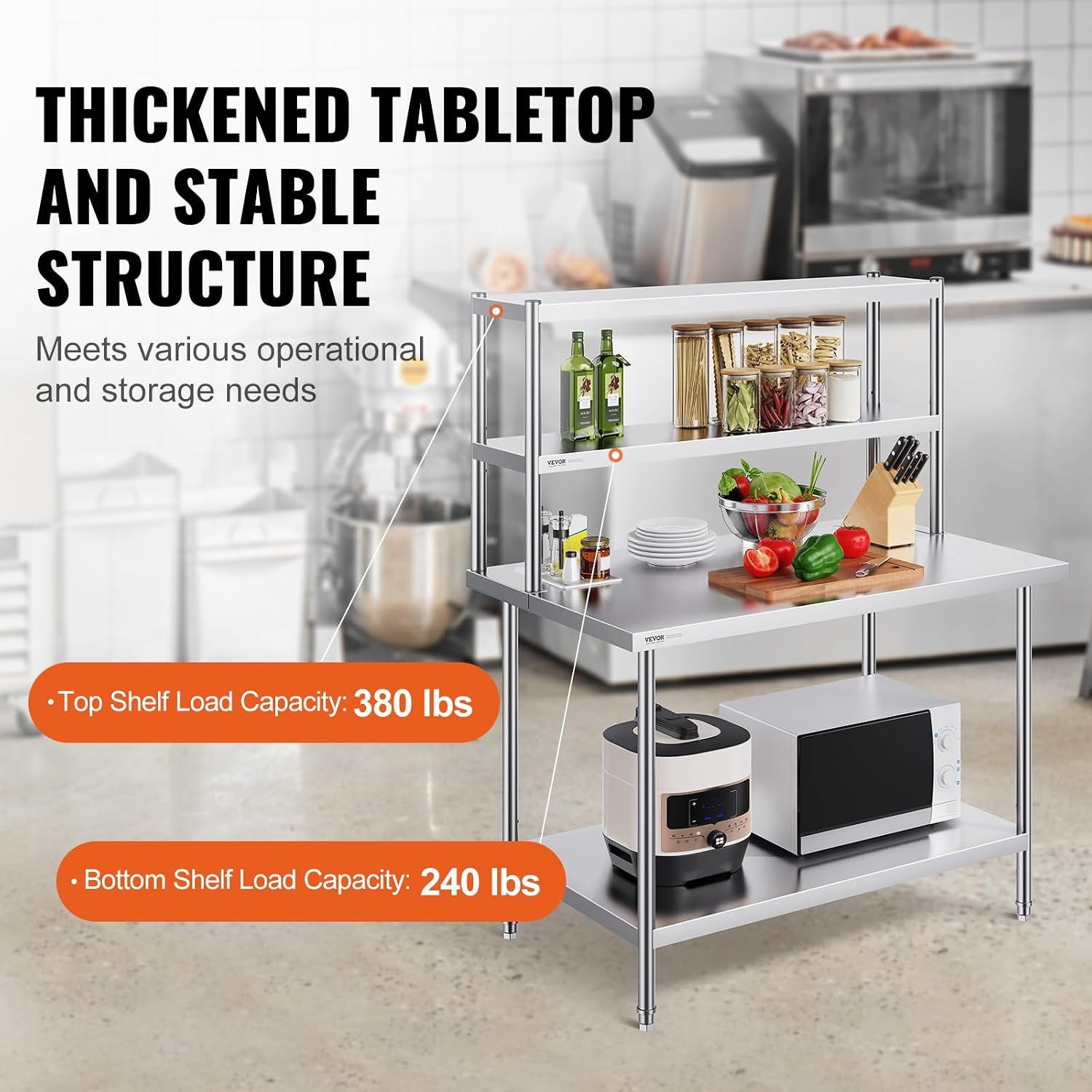 image:imageVEVOR Double Shelf Stainless Steel Two Tier Shelf 305 x 122 x 60 cm Height Adjustable Height Prep and Work Table Accessory for Kitchen Restaurant Workshop12 x 48 x 24 inch