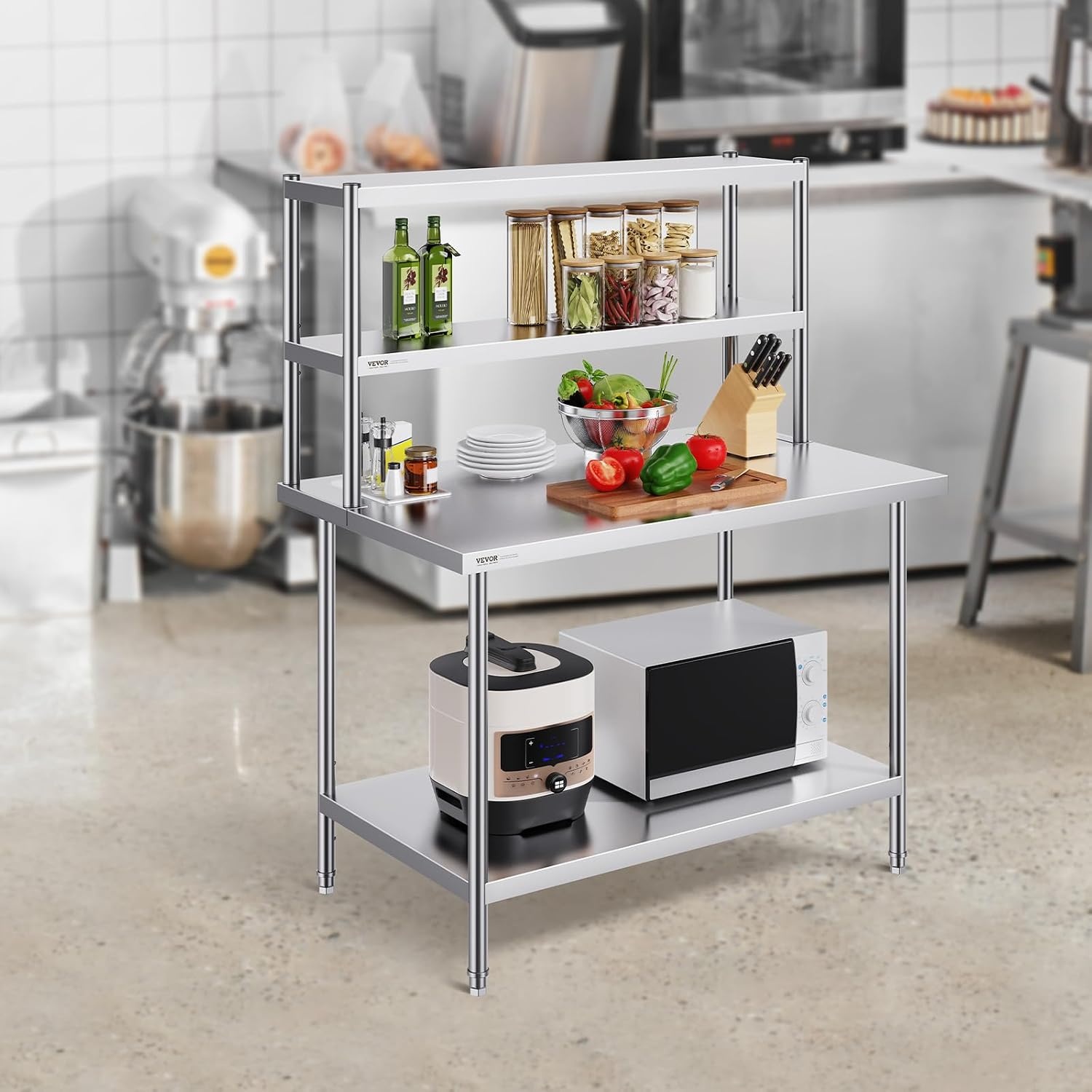 image:imageVEVOR Double Shelf Stainless Steel Two Tier Shelf 305 x 122 x 60 cm Height Adjustable Height Prep and Work Table Accessory for Kitchen Restaurant Workshop12 x 48 x 24 inch