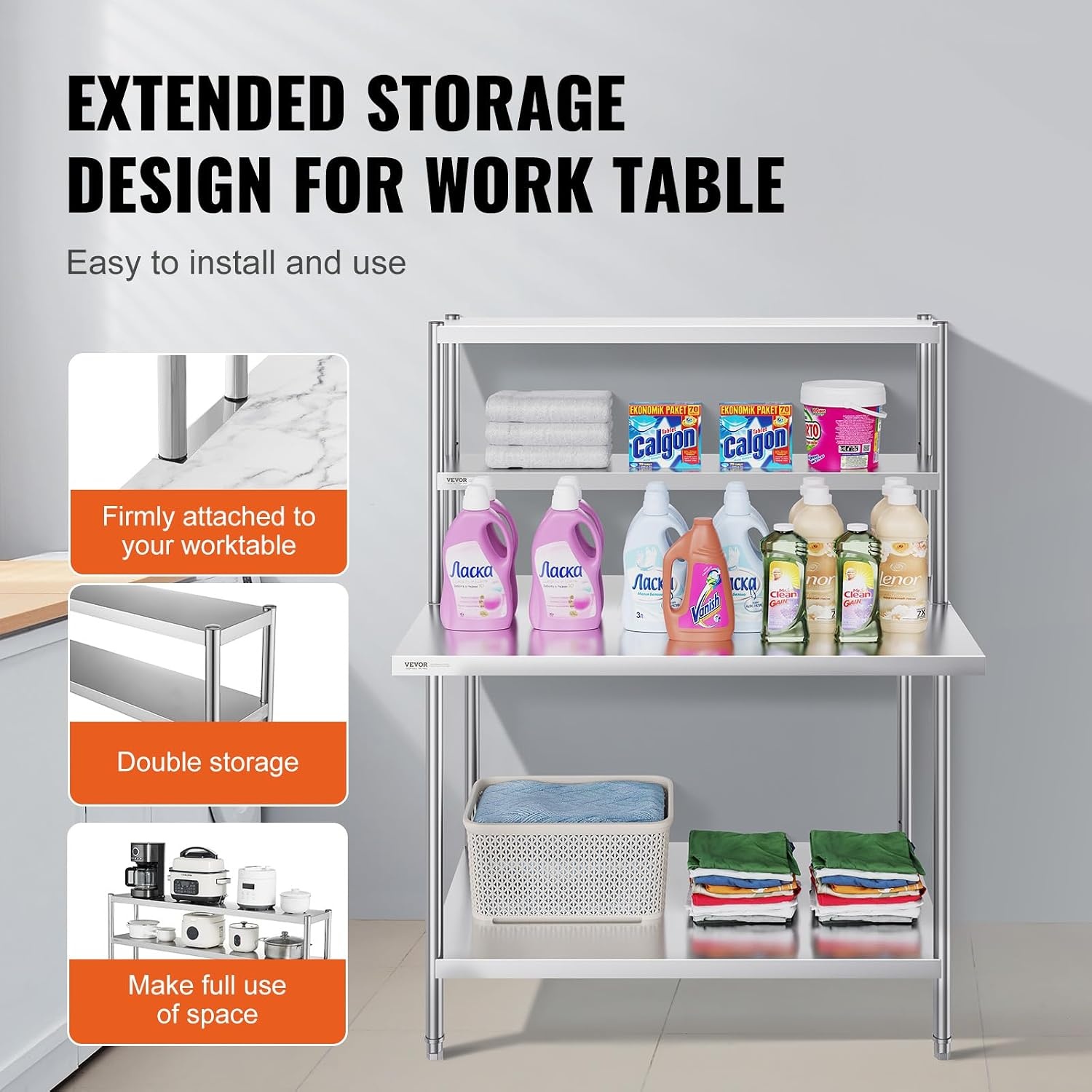 image:imageVEVOR Double Shelf Stainless Steel Two Tier Shelf 305 x 122 x 60 cm Height Adjustable Height Prep and Work Table Accessory for Kitchen Restaurant Workshop12 x 48 x 24 inch