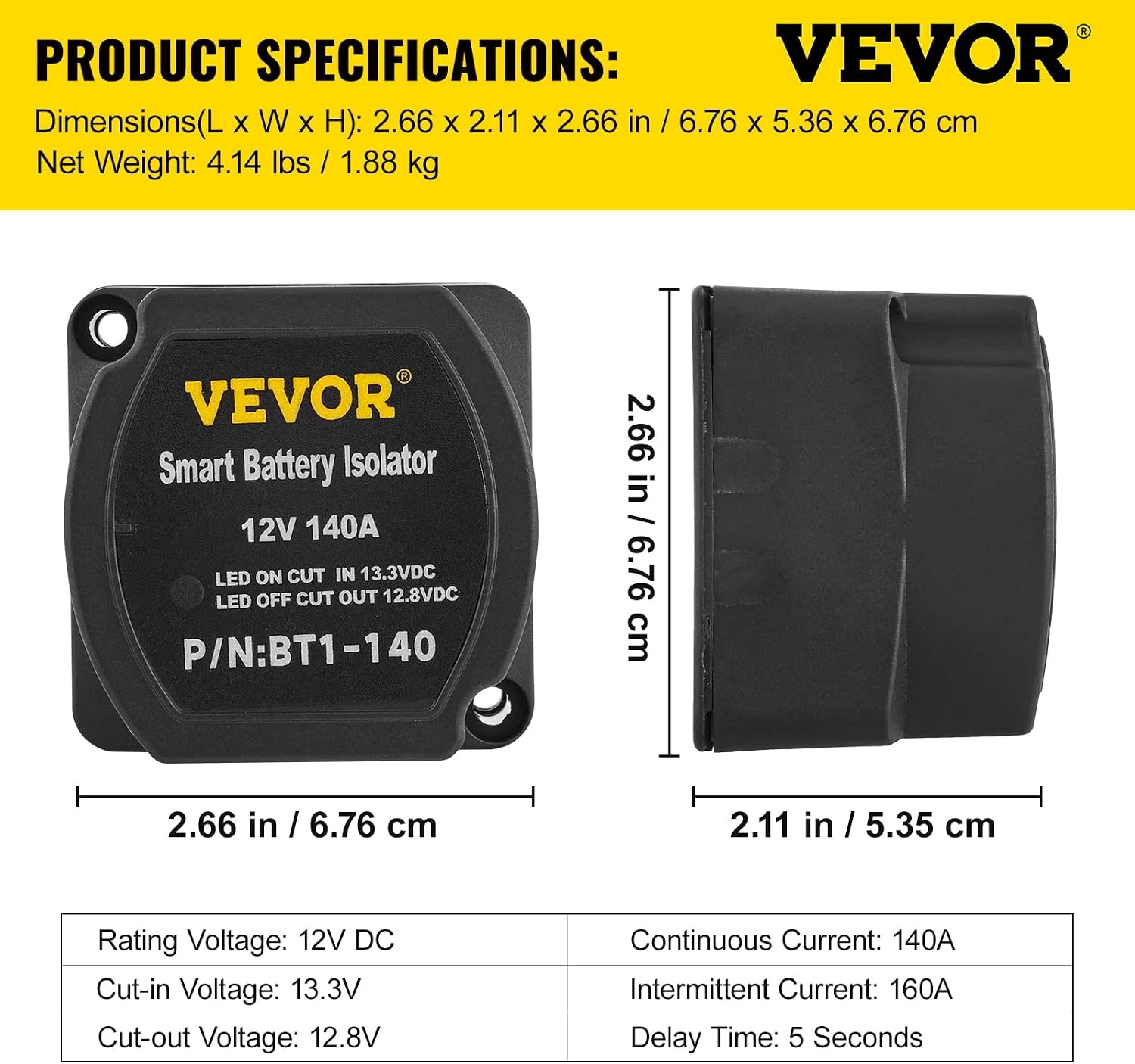 image:imageVEVOR Dual Battery Isolator Kit 12V 300 Amp 20 ft 2AWG Manual and Automatic VSR Voltage Sensitive Relay with Voltmeter LCD Screen Smart Battery Isolator Compatible with Lithium Batteries for UTVBattery Isolator Kit