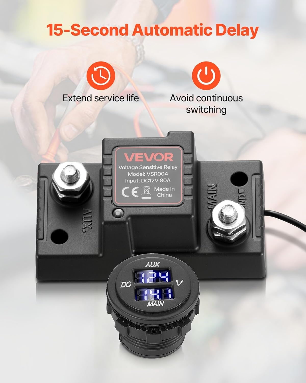 image:imageVEVOR Dual Battery Isolator Kit 12V 80 Amp 2 ft 6 AWG ManualAutomatic VSR Voltage Sensitive Relay with Voltmeter LCD Screen Smart Battery Isolator Compatible with LeadAcid Batteries for UTV