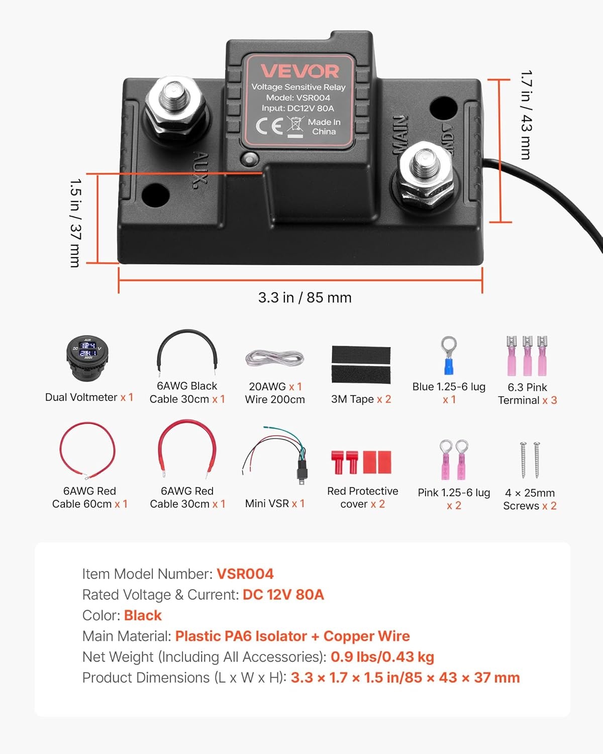 image:imageVEVOR Dual Battery Isolator Kit 12V 80 Amp 2 ft 6 AWG ManualAutomatic VSR Voltage Sensitive Relay with Voltmeter LCD Screen Smart Battery Isolator Compatible with LeadAcid Batteries for UTV