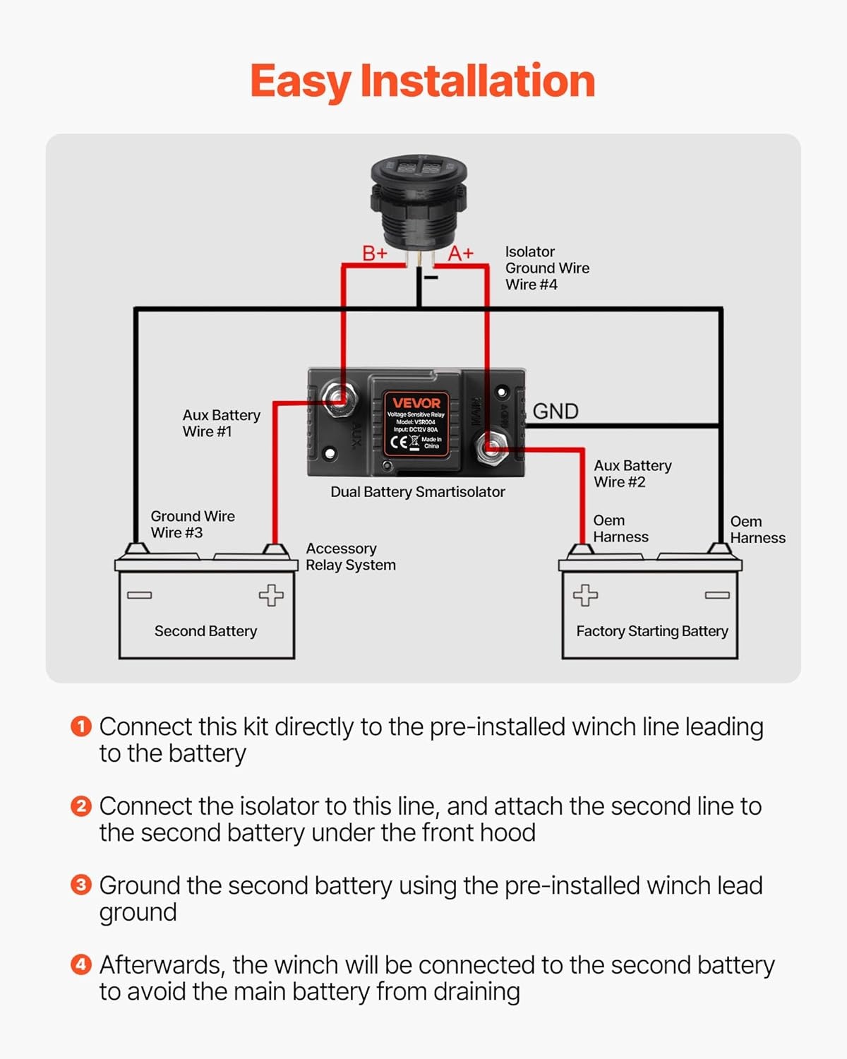 image:imageVEVOR Dual Battery Isolator Kit 12V 80 Amp 2 ft 6 AWG ManualAutomatic VSR Voltage Sensitive Relay with Voltmeter LCD Screen Smart Battery Isolator Compatible with LeadAcid Batteries for UTV