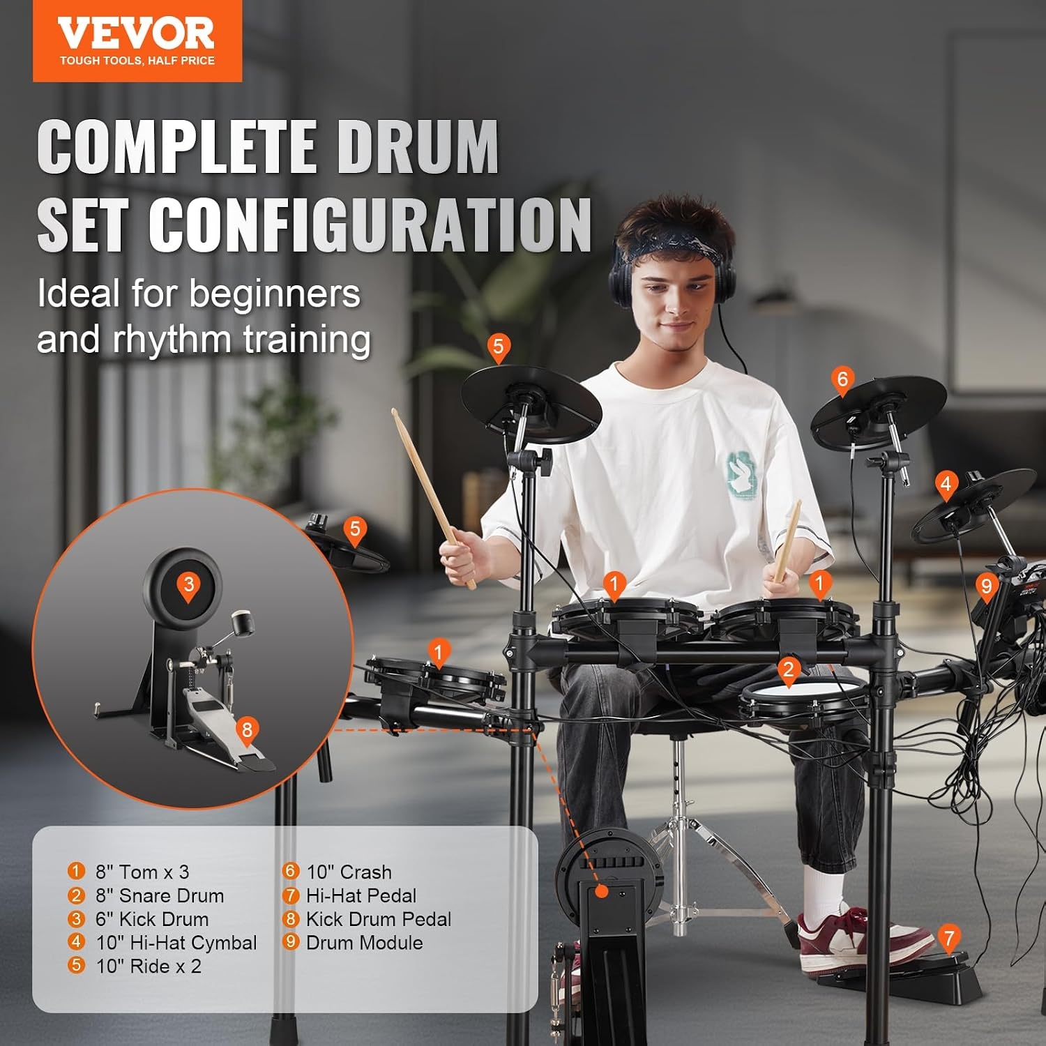 image:imageVEVOR Electric Drum Set 32 Drum Kits amp 480 Sounds Electronic Drum Kit USB MIDI Supported 8 in Quiet Mesh Snare Electric Drum Set with 10 in Cymbals Drum Sticks amp Headphone for Beginners amp Adults8in 5Drums 4Cymbals