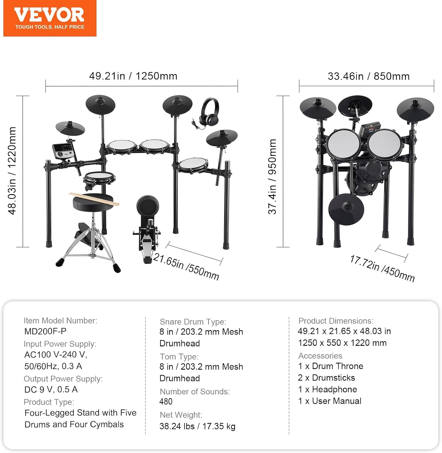 image:imageVEVOR Electric Drum Set 32 Drum Kits amp 480 Sounds Electronic Drum Kit USB MIDI Supported 8 in Quiet Mesh Snare Electric Drum Set with 10 in Cymbals Drum Sticks amp Headphone for Beginners amp Adults8in 5Drums 4Cymbals
