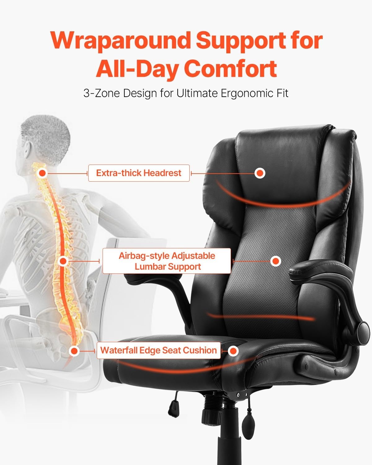 image:imageVEVOR Executive Office Chair with Lumbar Support 300lb Capacity Office Chair with Flipup Armrests amp Lumbar Pillow Height Adjustable Ergonomic Chair PU Leather Reclining Home Office Desk ChairsAdjustable Lumbar Support