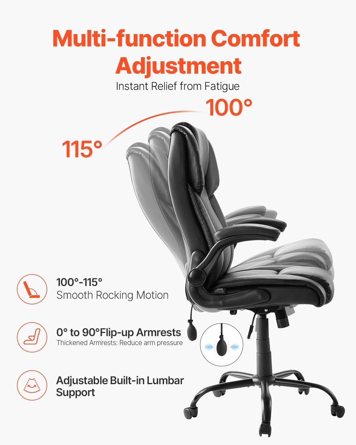 image:imageVEVOR Executive Office Chair with Lumbar Support 300lb Capacity Office Chair with Flipup Armrests amp Lumbar Pillow Height Adjustable Ergonomic Chair PU Leather Reclining Home Office Desk ChairsAdjustable Lumbar Support