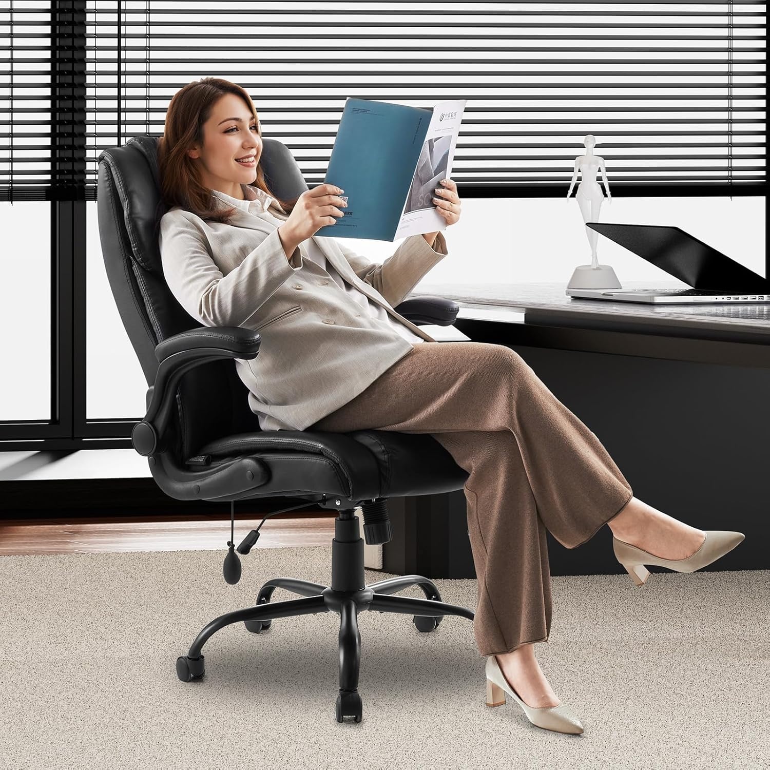 image:imageVEVOR Executive Office Chair with Lumbar Support 300lb Capacity Office Chair with Flipup Armrests amp Lumbar Pillow Height Adjustable Ergonomic Chair PU Leather Reclining Home Office Desk ChairsAdjustable Lumbar Support