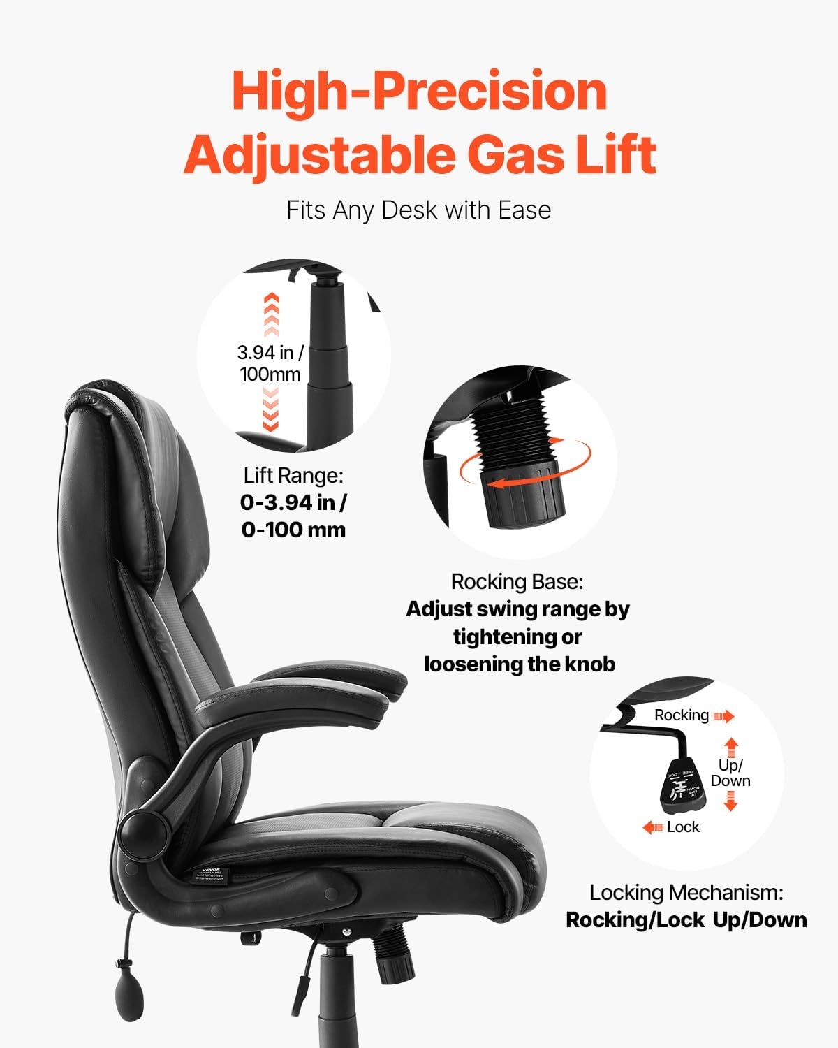 image:imageVEVOR Executive Office Chair with Lumbar Support 300lb Capacity Office Chair with Flipup Armrests amp Lumbar Pillow Height Adjustable Ergonomic Chair PU Leather Reclining Home Office Desk ChairsAdjustable Lumbar Support