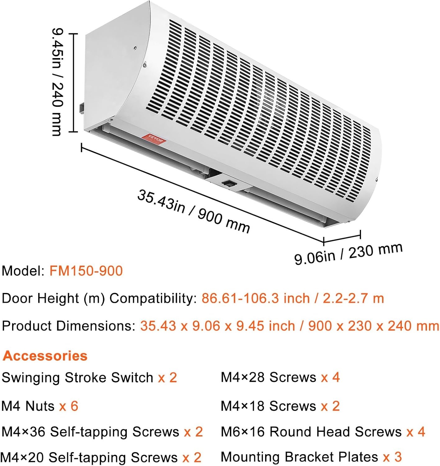 image:imageVEVOR FM150900U Commercial Wall Mounted Air Curtains Indoor Over Door Fan with Heavy Duty Limit Switch EasyInstall 110V Unheated 36 inch White
