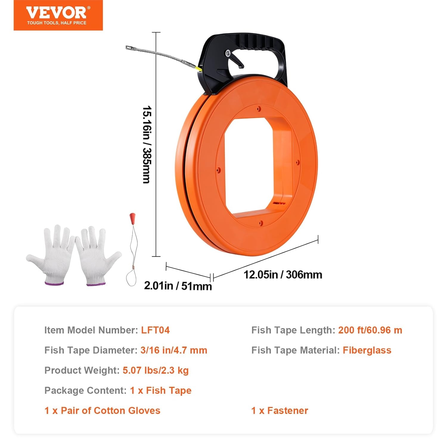 image:imageVEVOR Fish Tape 200 ft 316inch Fiberglass Wire Puller with Optimized Housing and Handle EasytoUse Cable Puller Tool Flexible Wire Fishing Tools for Wall and Electrical Conduit NonConductive200 ft 316inch