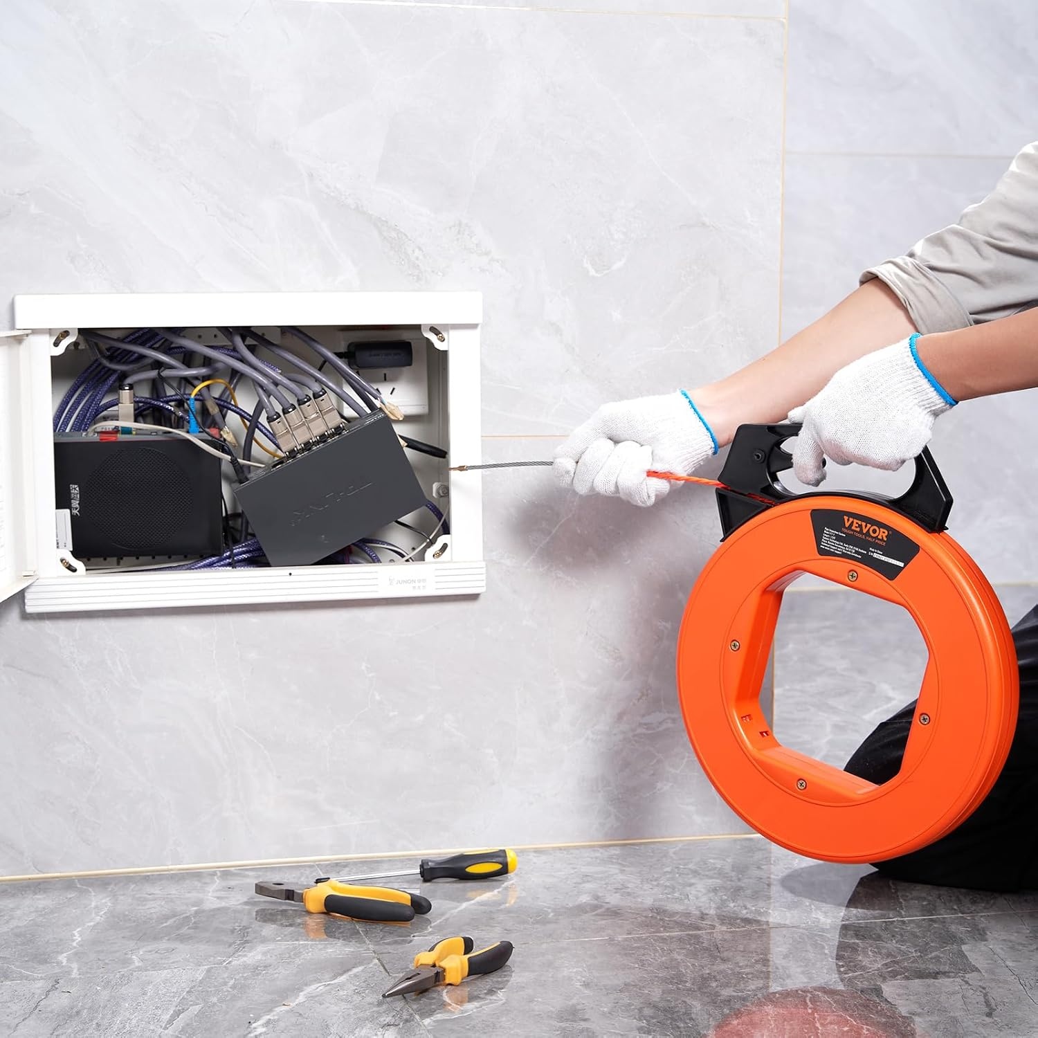 image:imageVEVOR Fish Tape 200 ft 316inch Fiberglass Wire Puller with Optimized Housing and Handle EasytoUse Cable Puller Tool Flexible Wire Fishing Tools for Wall and Electrical Conduit NonConductive125foot 316inch