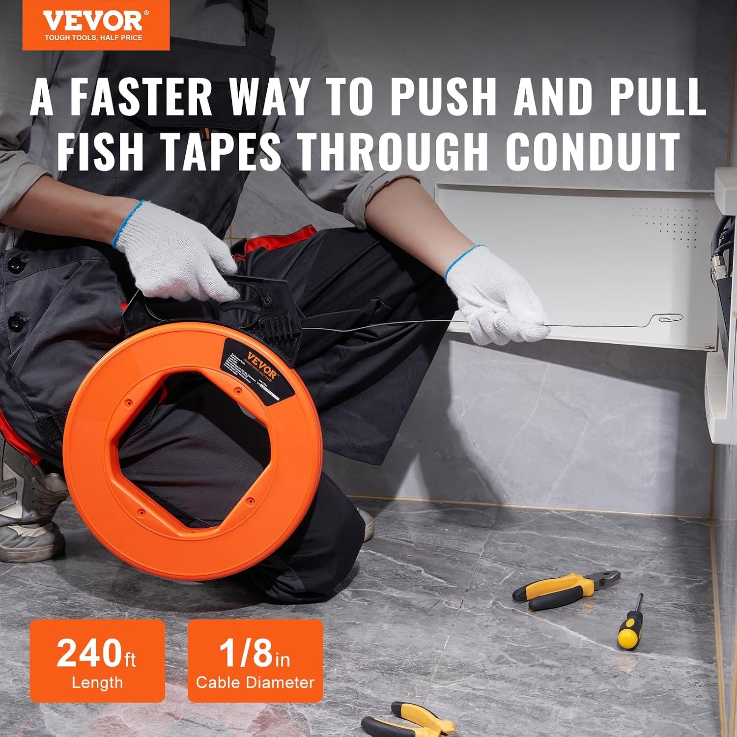 image:imageVEVOR Fish Tape 200 ft 316inch Fiberglass Wire Puller with Optimized Housing and Handle EasytoUse Cable Puller Tool Flexible Wire Fishing Tools for Wall and Electrical Conduit NonConductive240foot 18inch