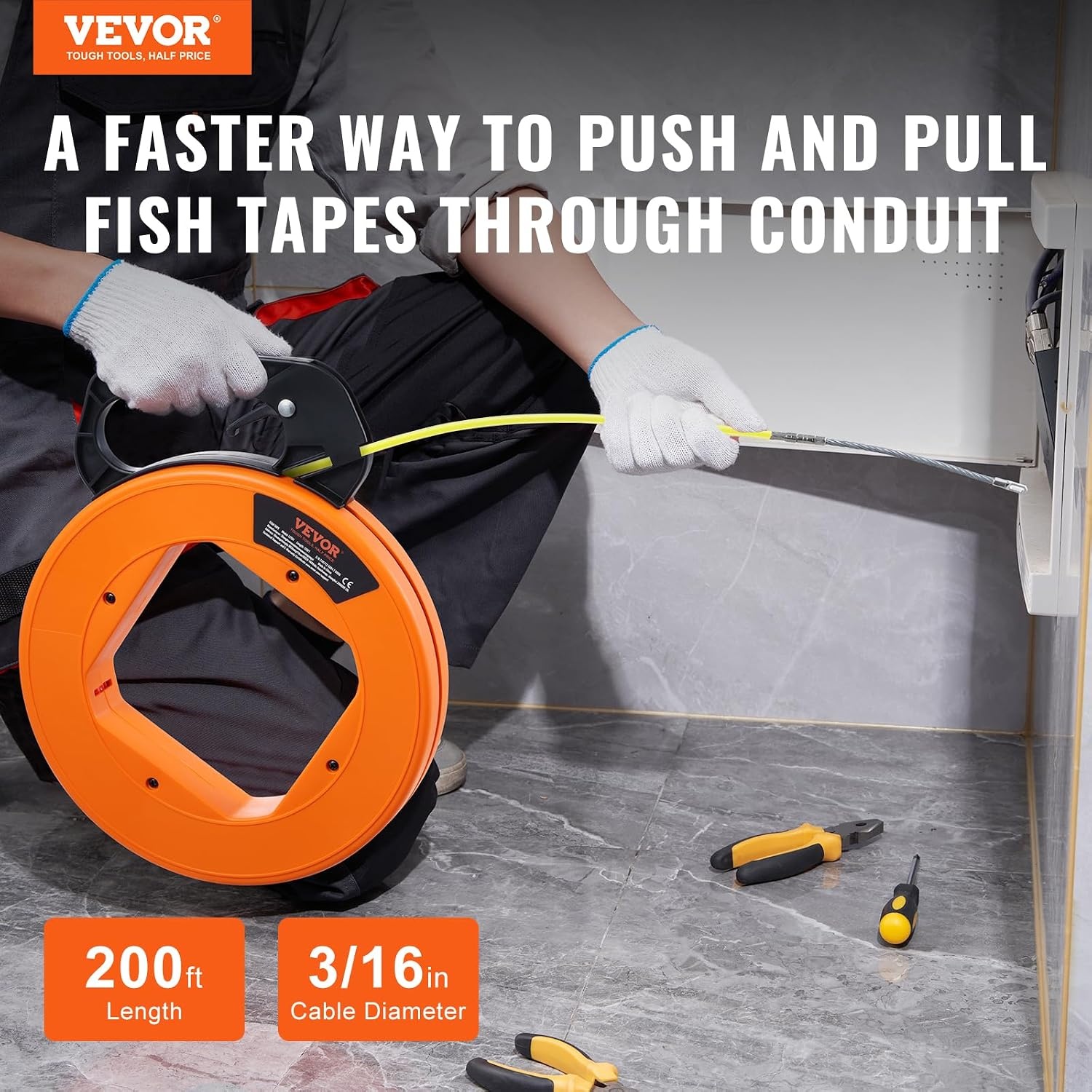 image:imageVEVOR Fish Tape 200 ft 316inch Fiberglass Wire Puller with Optimized Housing and Handle EasytoUse Cable Puller Tool Flexible Wire Fishing Tools for Wall and Electrical Conduit NonConductive200 ft 316inch