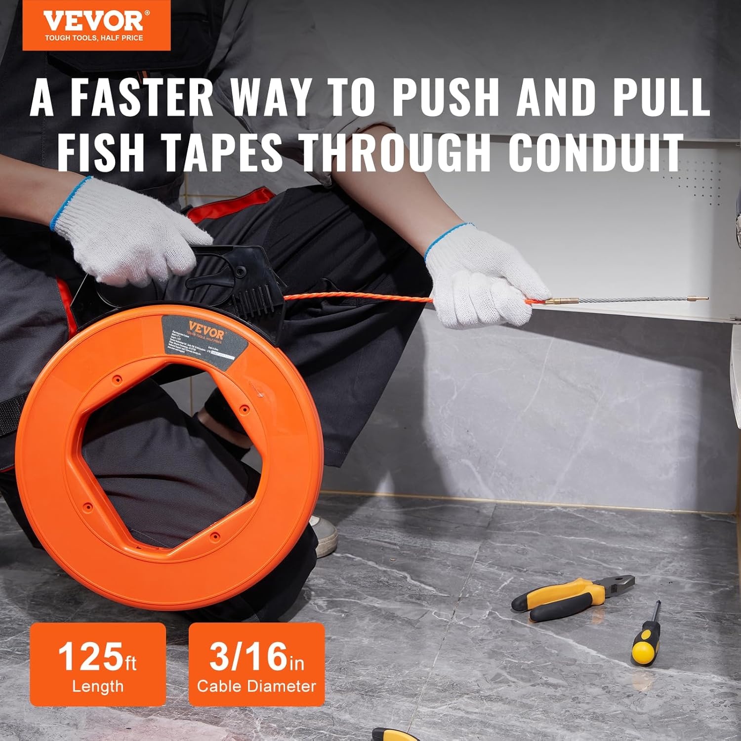 image:imageVEVOR Fish Tape 200 ft 316inch Fiberglass Wire Puller with Optimized Housing and Handle EasytoUse Cable Puller Tool Flexible Wire Fishing Tools for Wall and Electrical Conduit NonConductive125foot 316inch