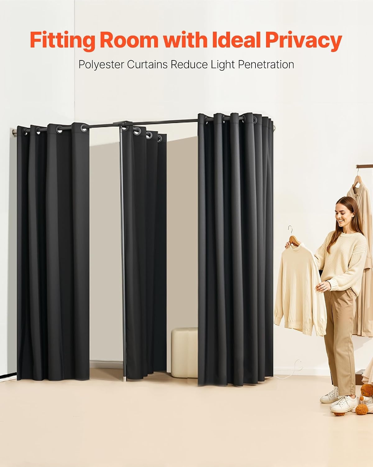 image:imageVEVOR Fitting Room Dressing Room with Thick Polyester Curtains Privacy Space with Shading Curtain and a Hook for Boutique Mall Tailors Store amp Outdoor 39 x 37 x 79 in Black and GrayWhiteBlack