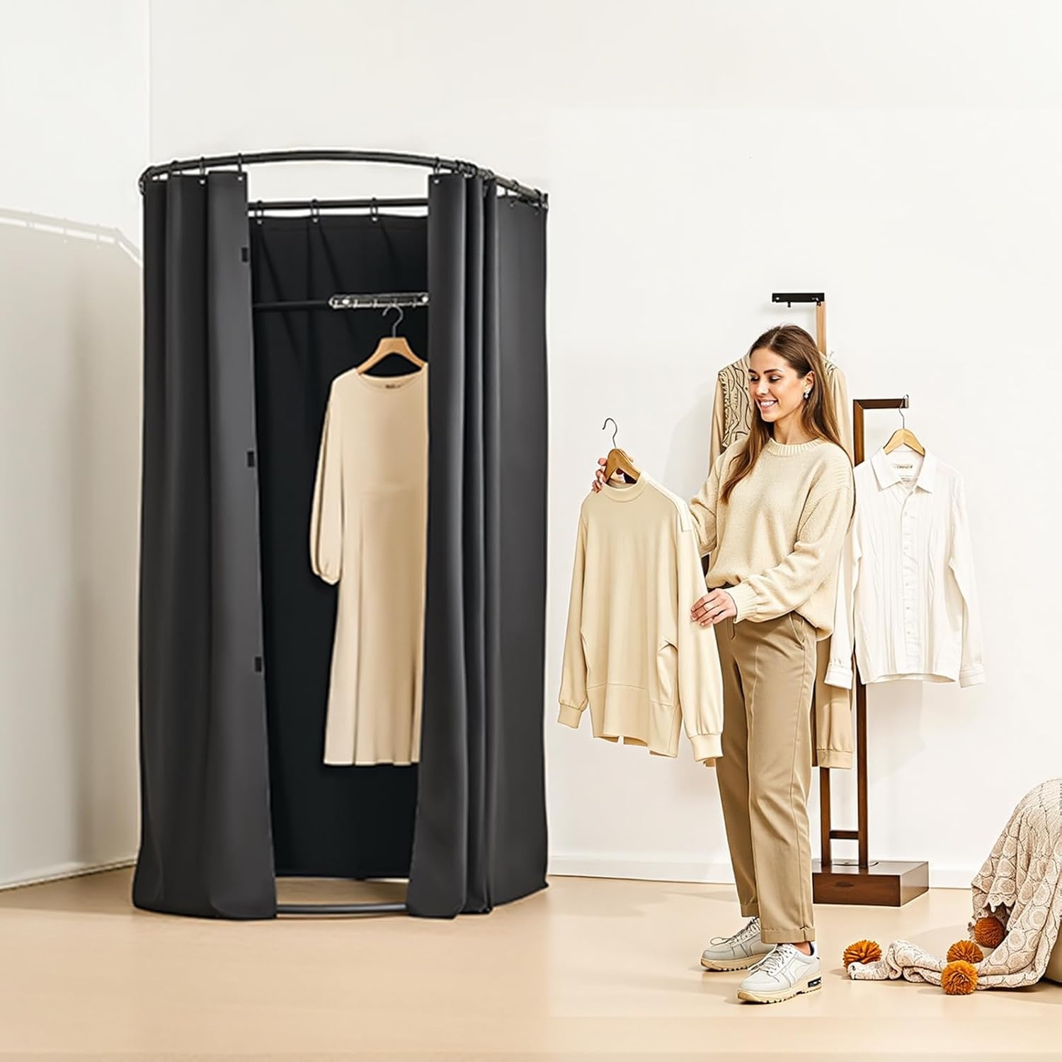 image:imageVEVOR Fitting Room Portable Dressing Room with Thick Polyester Curtains Privacy Space with Shading Curtain and a Hook for Boutique Mall Tailors Store amp Outdoor Activity 39 x 37 x 79 in BlackBlack
