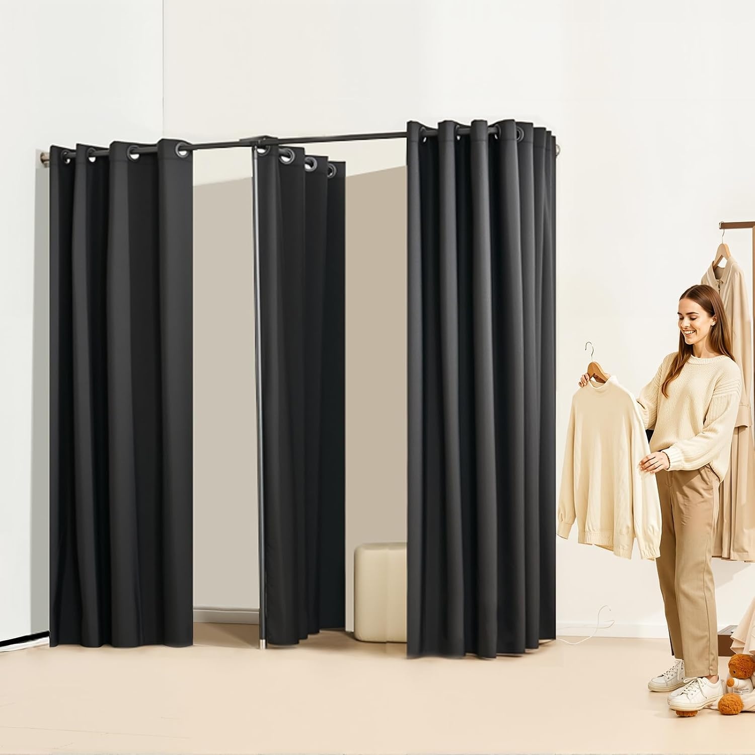 image:imageVEVOR Fitting Room Portable Dressing Room with Thick Polyester Curtains Privacy Space with Shading Curtain and a Hook for Boutique Mall Tailors Store amp Outdoor Activity 39 x 37 x 79 in BlackBlack