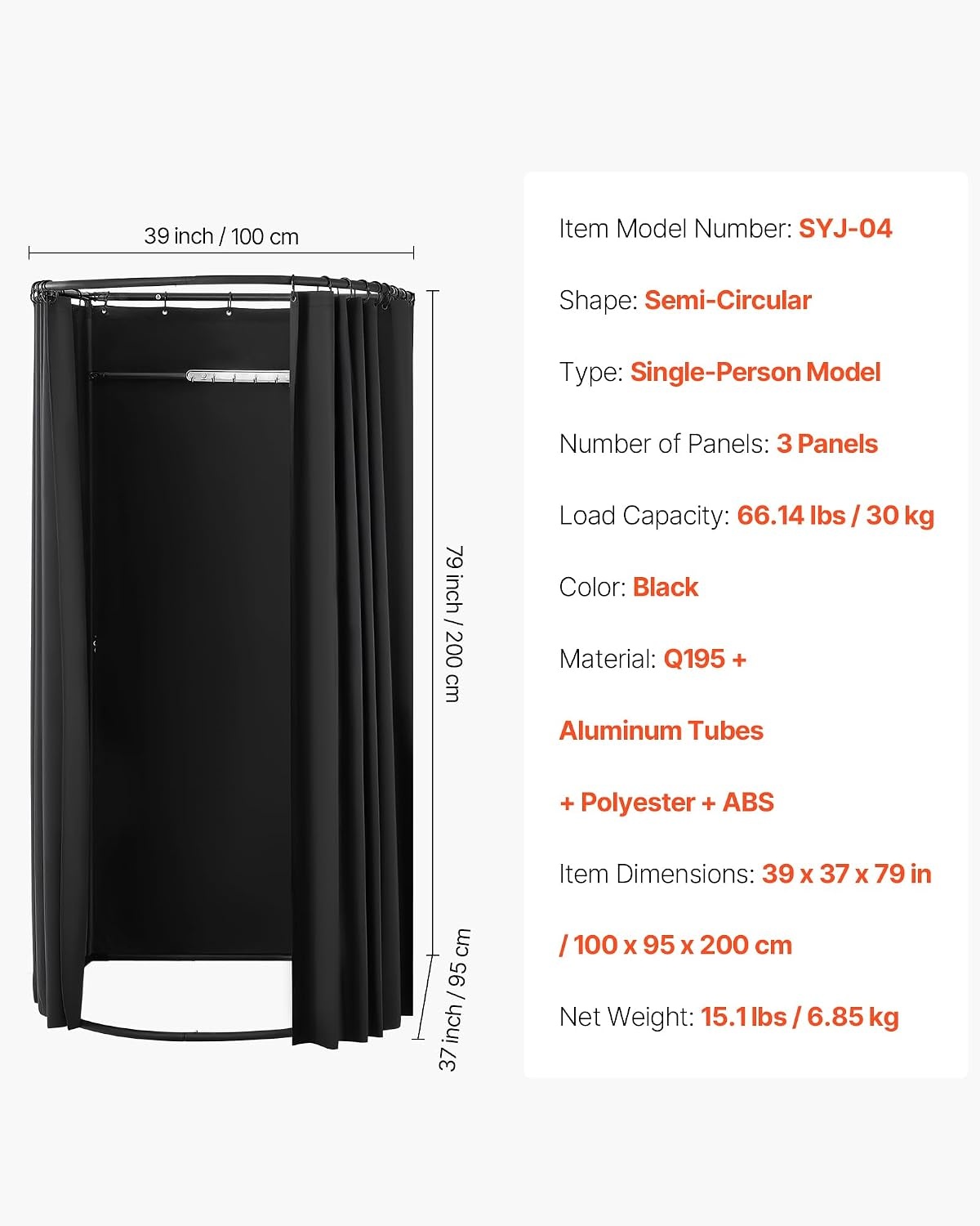 image:imageVEVOR Fitting Room Portable Dressing Room with Thick Polyester Curtains Privacy Space with Shading Curtain and a Hook for Boutique Mall Tailors Store amp Outdoor Activity 39 x 37 x 79 in BlackBlack