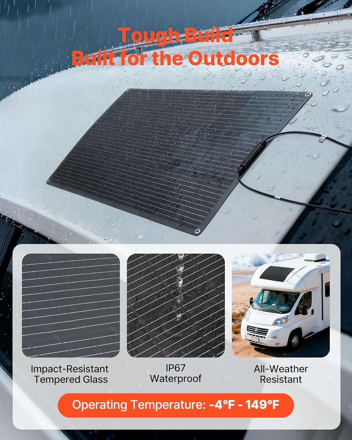 image:imageVEVOR Flexible Solar Panel 100W SemiFlexible Bendable Monocrystalline Solar Panel 23 Efficiency Mono OffGrid Charger with MC4 Output IP67 Waterproof for Marine RV Car Cabin Curved Surfaces100W